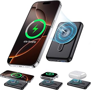 kurdene Ultra Slim Wireless Portable Charger,3 in 1 Magnetic Power Bank Fast Charging,5000mAh Mag-Safe Batteries Pack,Compatible with iPhone 16/15/14/13/12 Series, Apple Watch, Airpod-Black