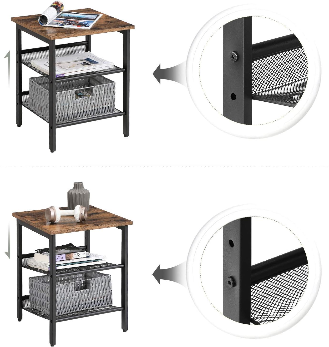 VASAGLE Set of 2 Side Tables and 1 Coffee Table Bundle, Living Room Furniture Set, Metal Mesh Shelves, Easy Assembly, Adjustable Feet, Industrial Design, Rustic Brown and Black ULCT64X and ULET24X : Home & Kitchen