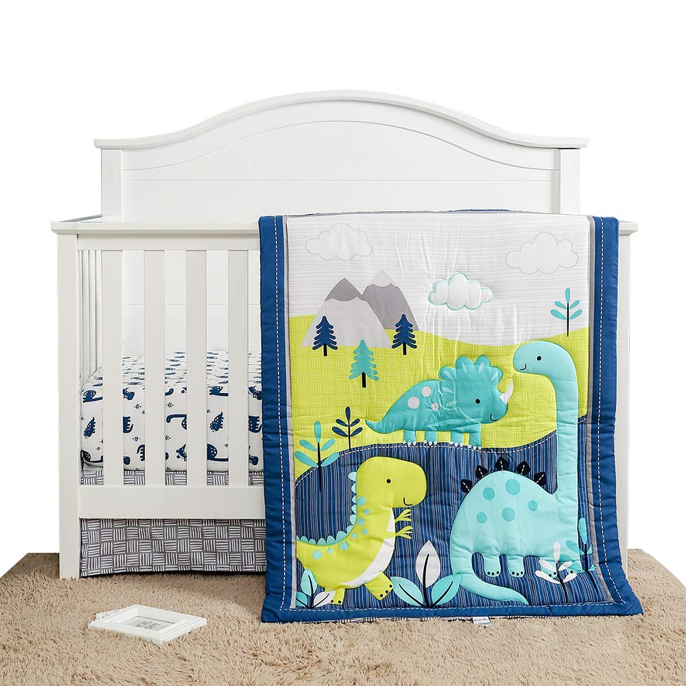 UDYR Dinosaur Crib Bedding Set 3 pcs Gender Neutral Babies Boys Girls (Blue)