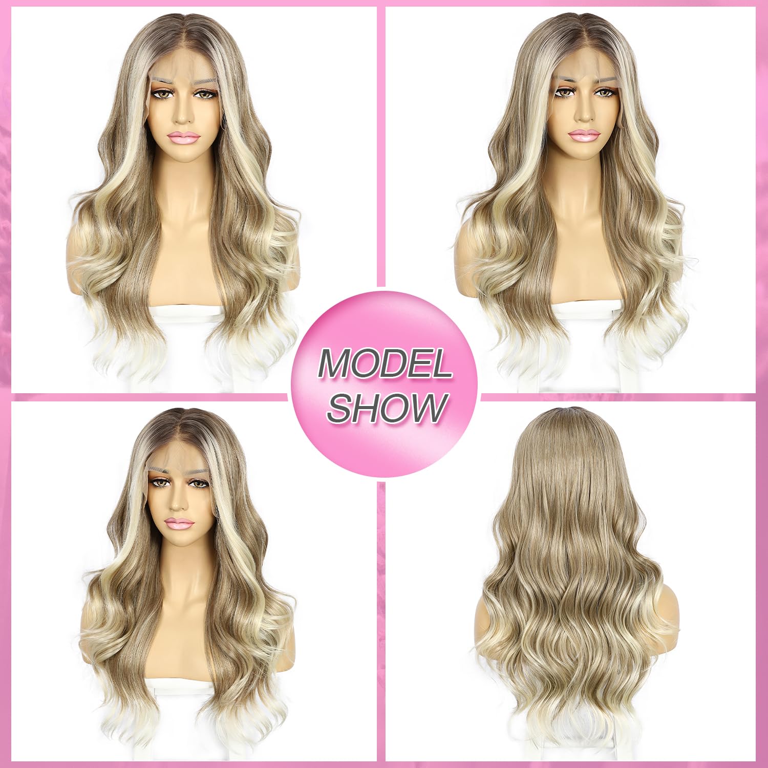 SAPPHIREWIGS 13x4 Synthetic Lace Front Wigs Highlight Brown Wig with Blonde Tips Small Invisible Knots Body Wavy Wig Heat Resistant Fiber Wig for Daily Party Use 20 Inch