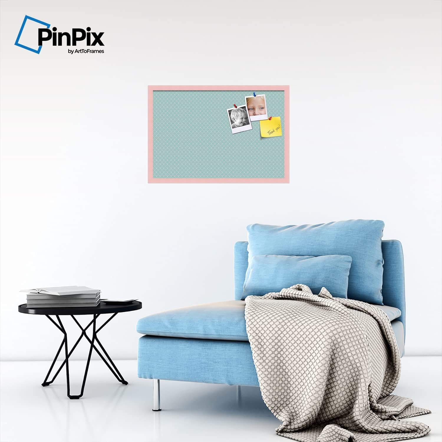ArtToFrames 30x20 Custom Cork Bulletin Board. This Chain Pattern in Baby Blue Pin Board Has a Fabric Style Canvas Finish, Framed in Baby Pink on Beech (PinPix-571-30x20_0066-81792-YPNK)