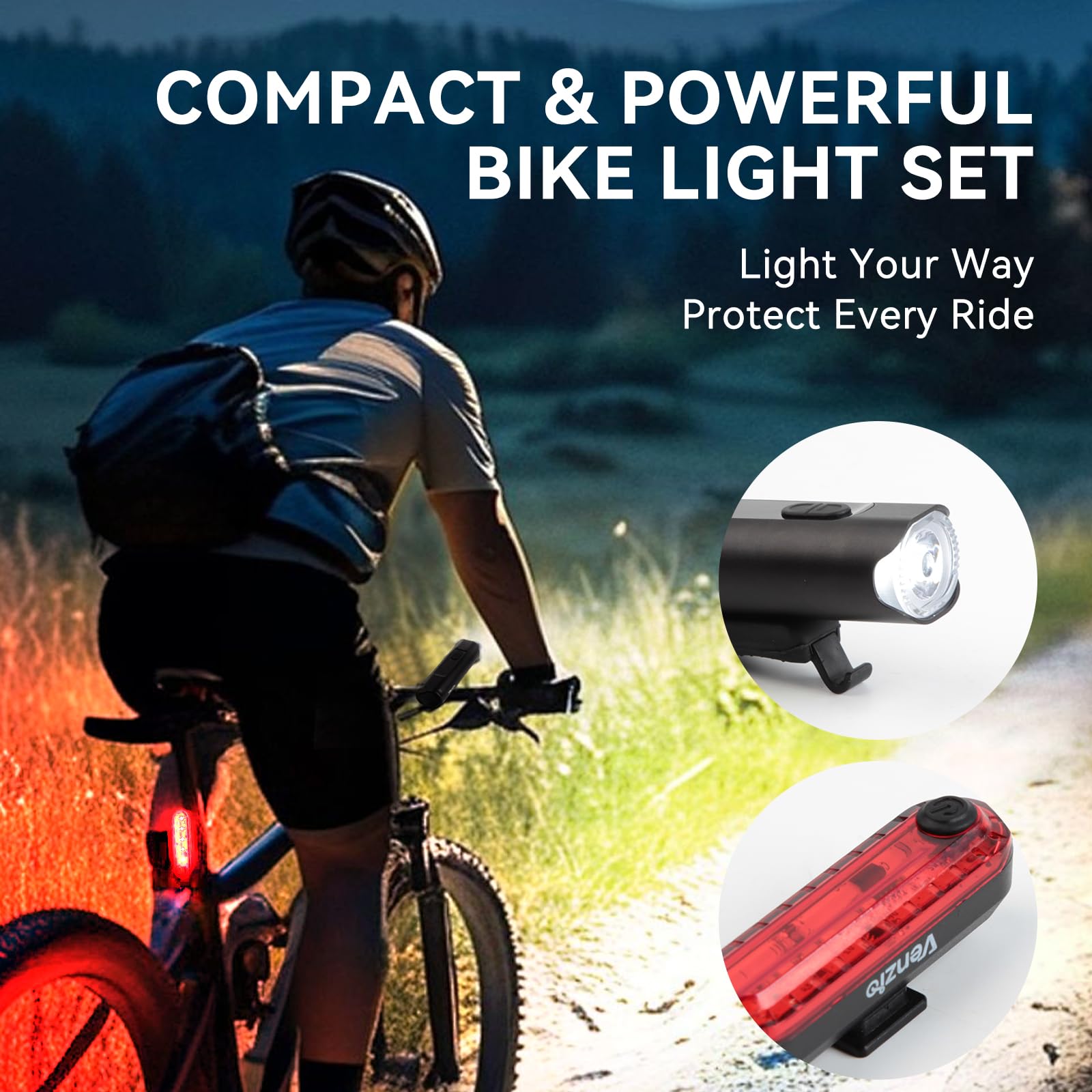 Venzio Luci per bici, 500LM ricaricabili USB-C LED faro e fanale posteriore, 8+3 modalità luci anteriori e posteriori per guida notturna, set di luci per bicicletta impermeabili IPX4