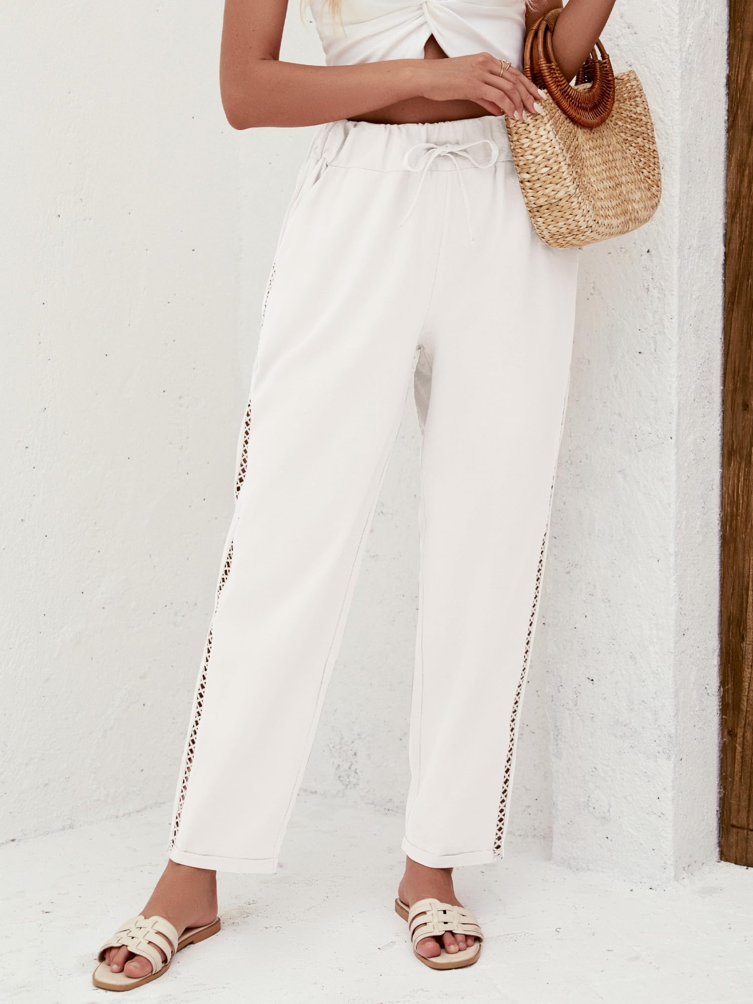 Puimentiua Sommerhose Damen Leicht,Sommer Leinenhose,7/8 Weiße Hose,Luftig Sommerhosen,High Waist Linen Pants,Elegant Stoffhose,Lockere Ausgehöhlt Hosen mit Tunnelzug und Taschen (S-XXL)