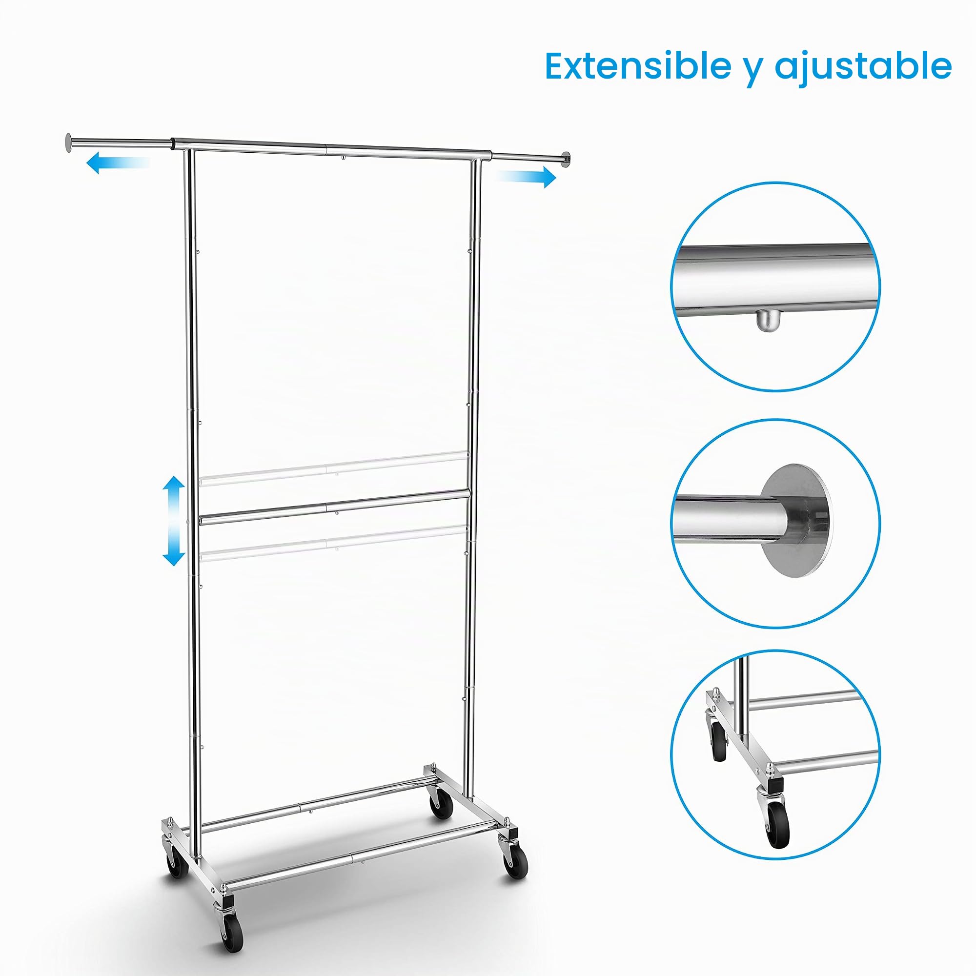 Simple, Tendencia, Doble barra de ropa, organizador con ruedas para colgar la ropa, cromado