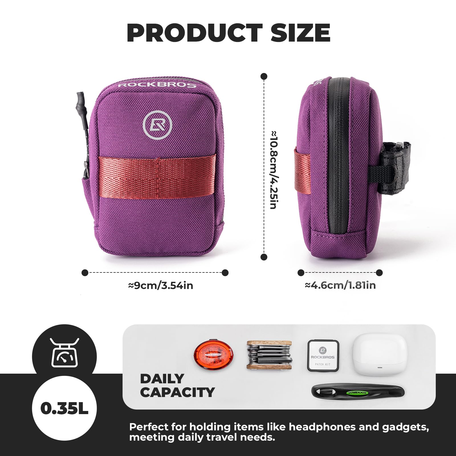 ROCKBROS Sacoche De Selle Vélo Mini 0.35L - Sac De Queue Étanche Réfléchissant Avec Porte-Gonfleur CO2, Scratch Universel, Ultra-Léger Pour VTT, Route, Scooter