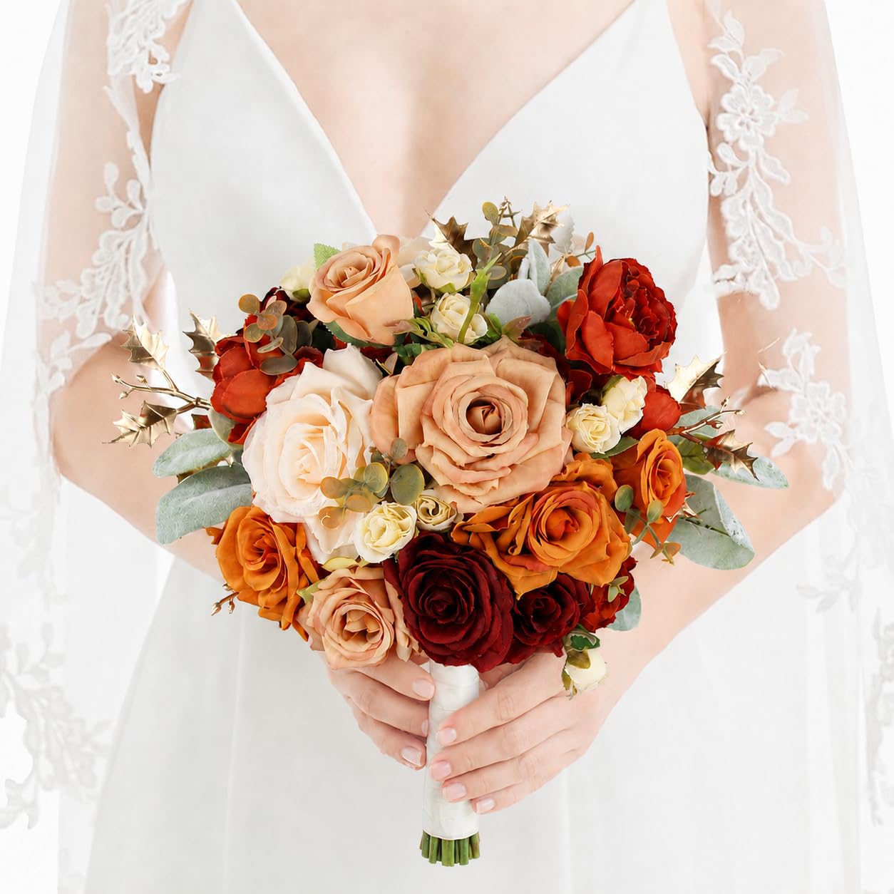 Rinlong 9 Inch Fall Wedding Bouquet Burnt Orange