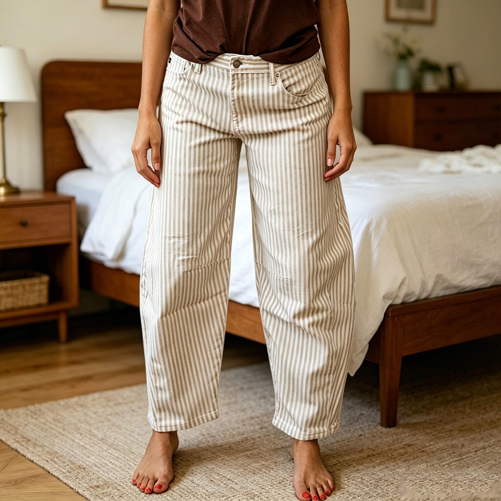 Pantalones de verano para mujer, ligeros, anchos, de tela, a rayas, para el tiempo libre, para exteriores, corte regular, pantalones de relajación, pantalones de playa, pantalones de verano
