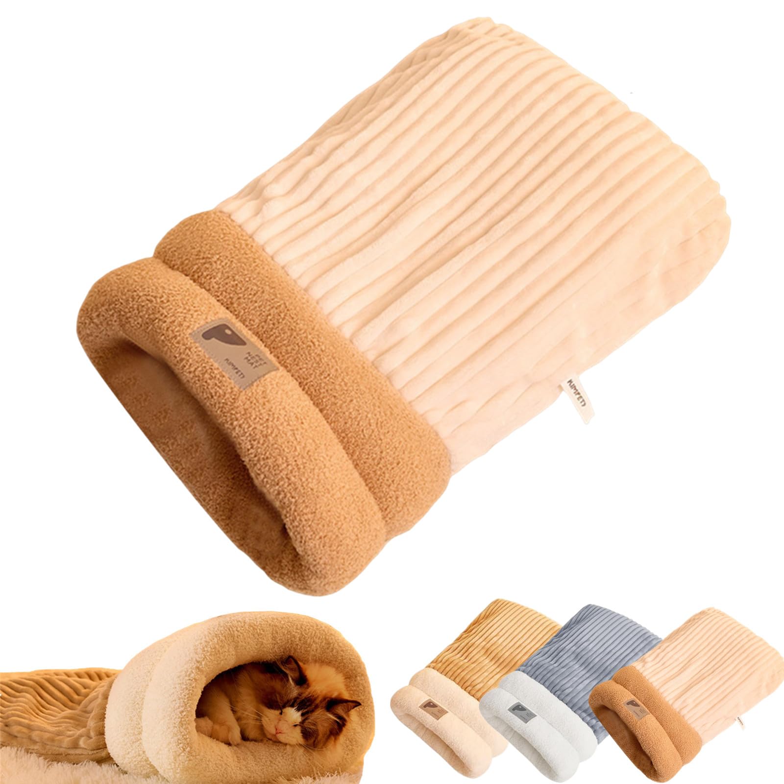 ZoIyte Cat Sleeping Bag, Soft Plush Warm Pet Nest Bed, Self Warming 360°Wrap Comfortable Pet Snuggle Sack (Beige, M(44 * 37cm))