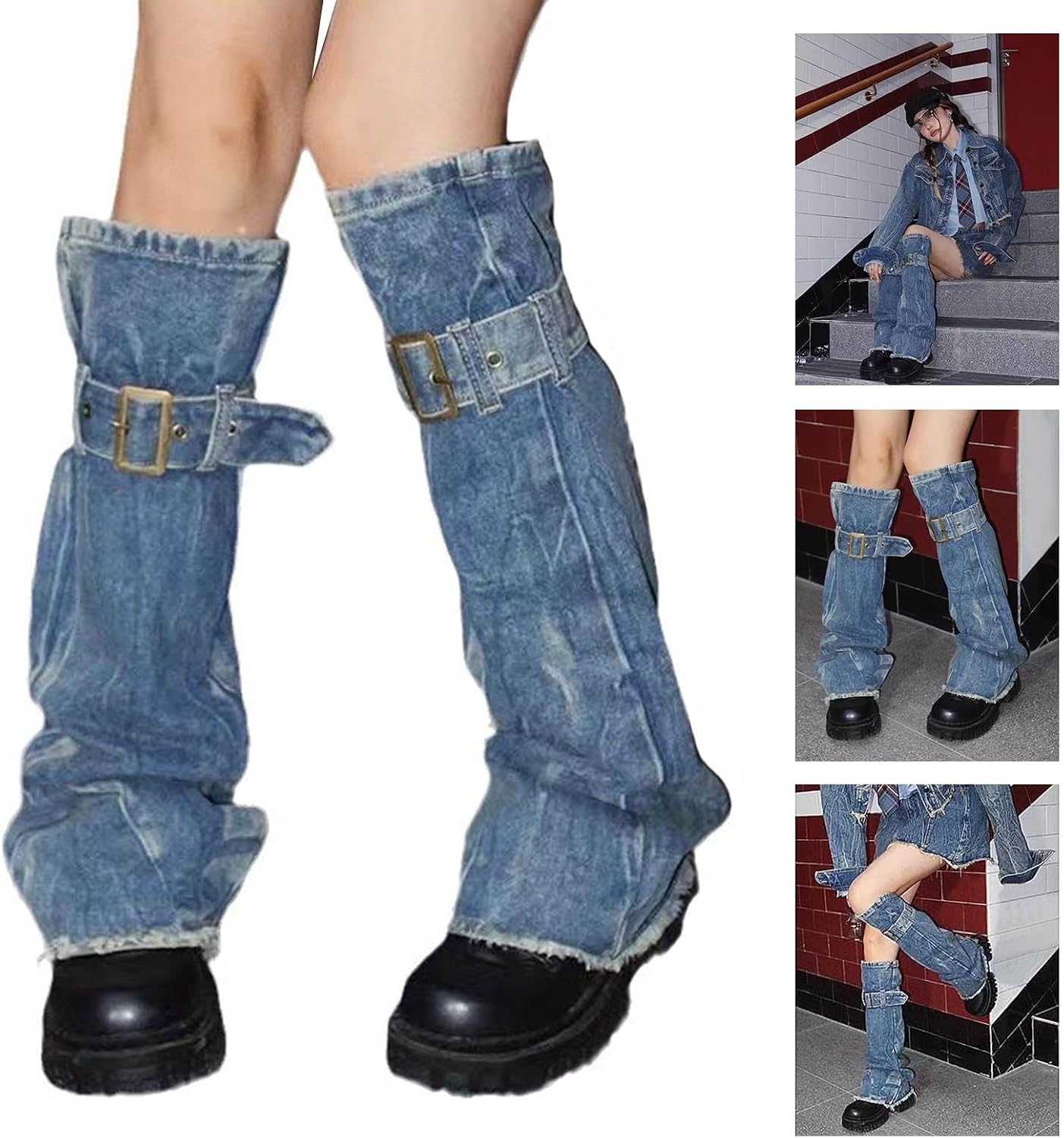 Women Distressed Jeans Blue Leg Warmer with Buckled Straps Punk Washed Denims Flared Boot Long Socks Streetwear