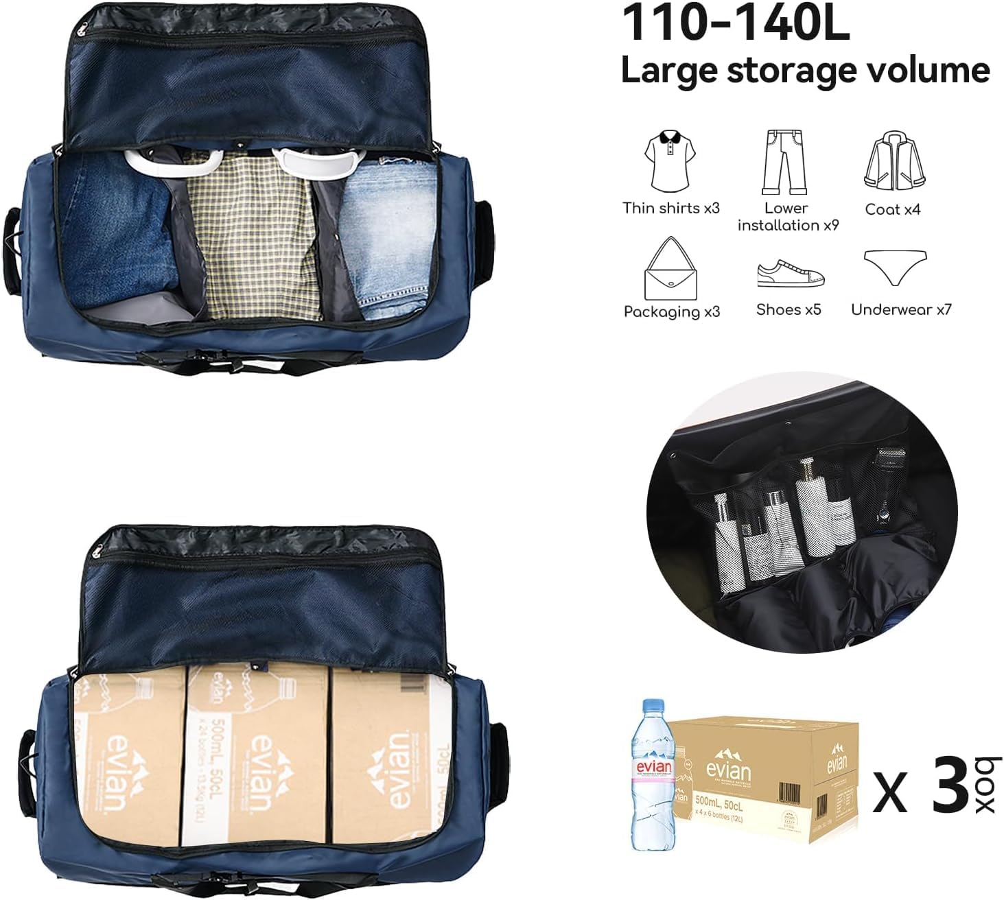 Rolling Duffle Bag with Wheels,110L/140L Expandable Soft-Sided Foldable Duffle Bag with 2 Rubber Wheels,Packable 32” Rolling Carry-On with Multi-Pockets & Compartments (Dark blue) - Image 2