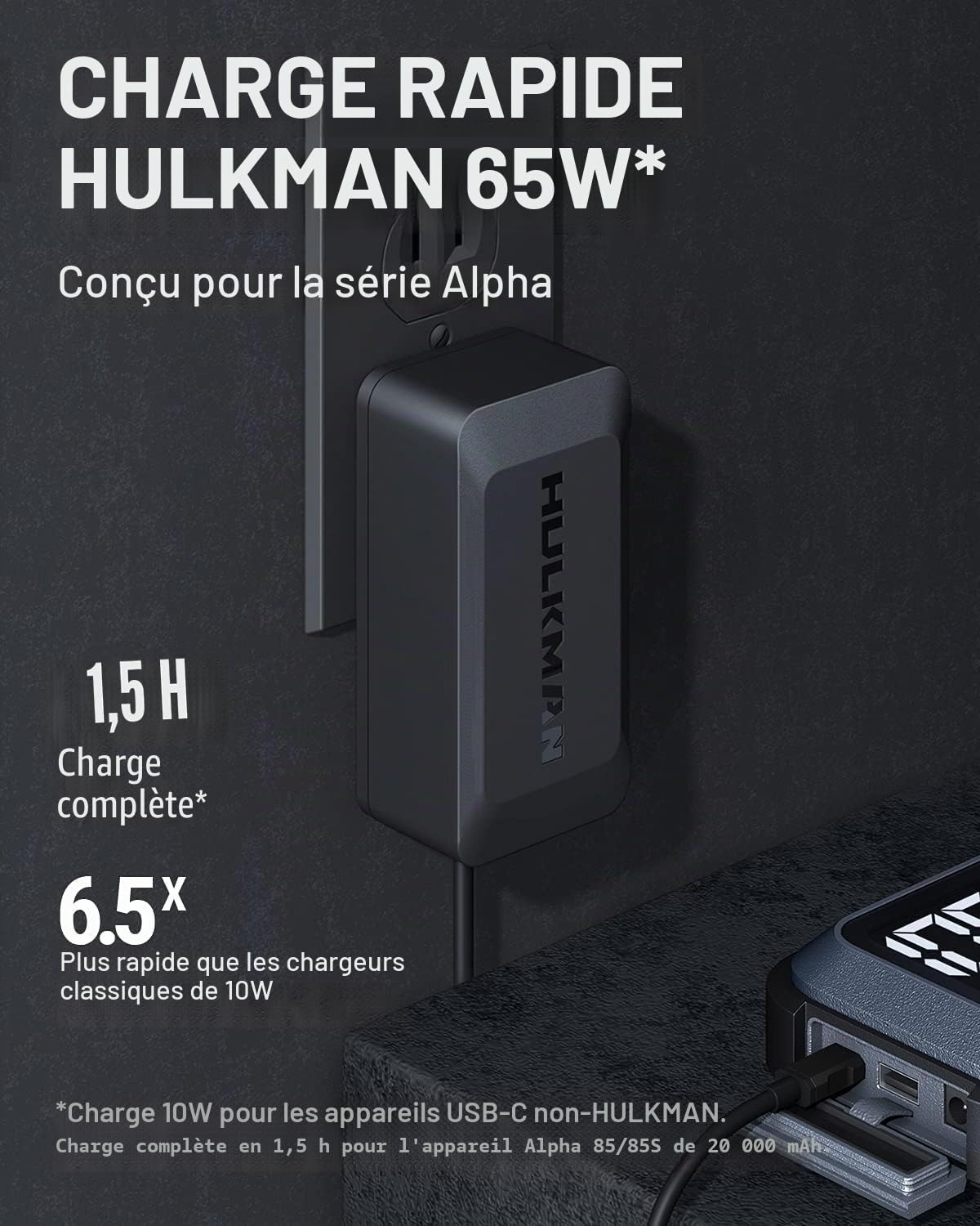 Hulkman SC1.0 Chargeur mural 65 W, charge rapide pour démarreurs Alpha et Alpha Pro Series