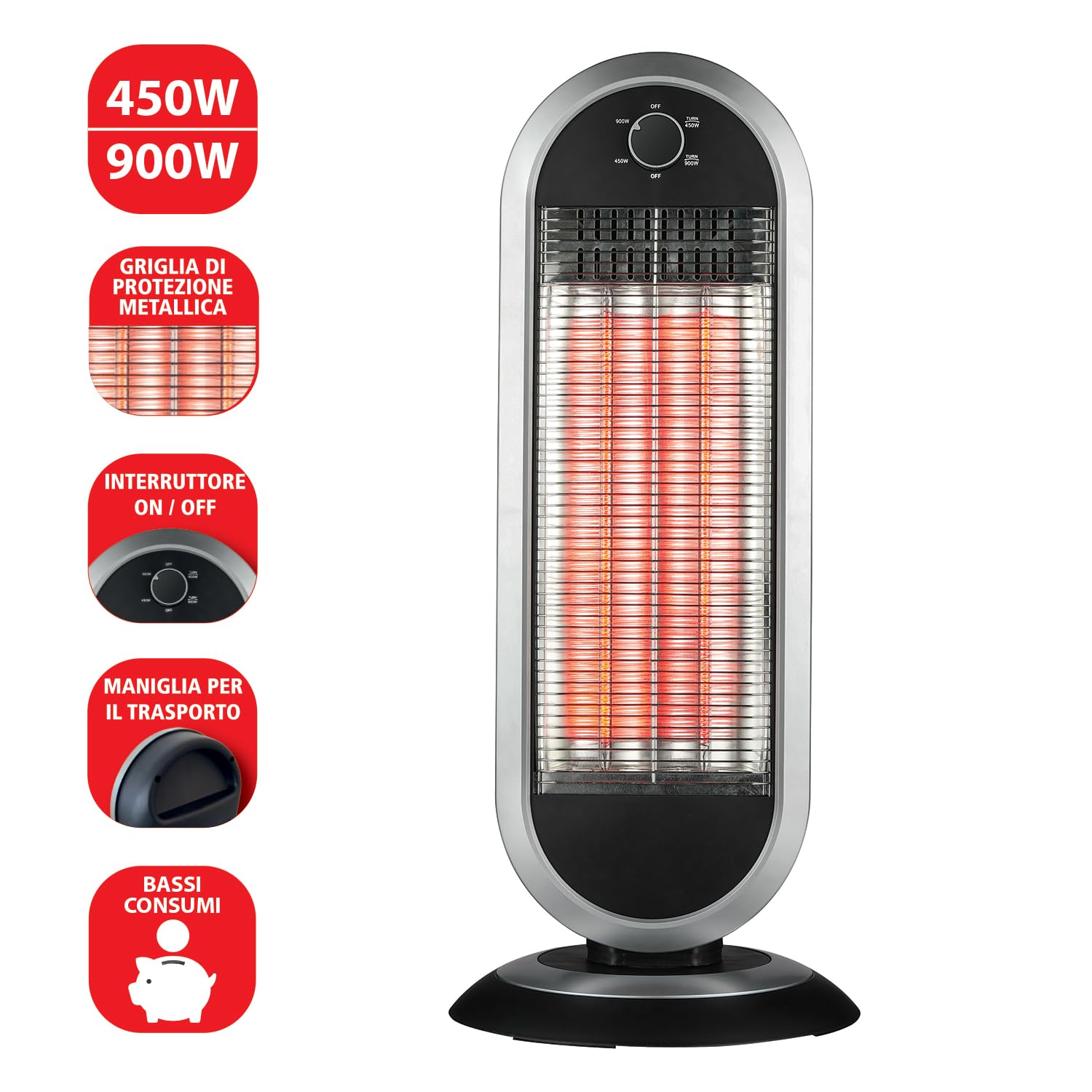 Radiatore a carbone 900W con base oscillante. Antracite