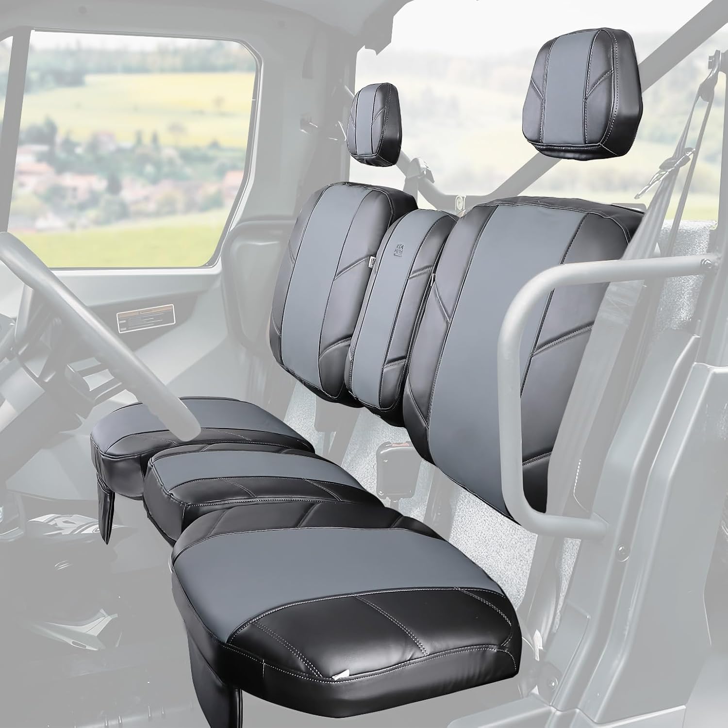 KEMIMOTO UTV Seat Covers Leather, Waterproof Repellent UTV Seat Cushions Set w/Headrest Cover Compatible with Can Am Defender HD7 HD9 HD10 PRO DPS 6X6 Front Two Doors Split Bench
