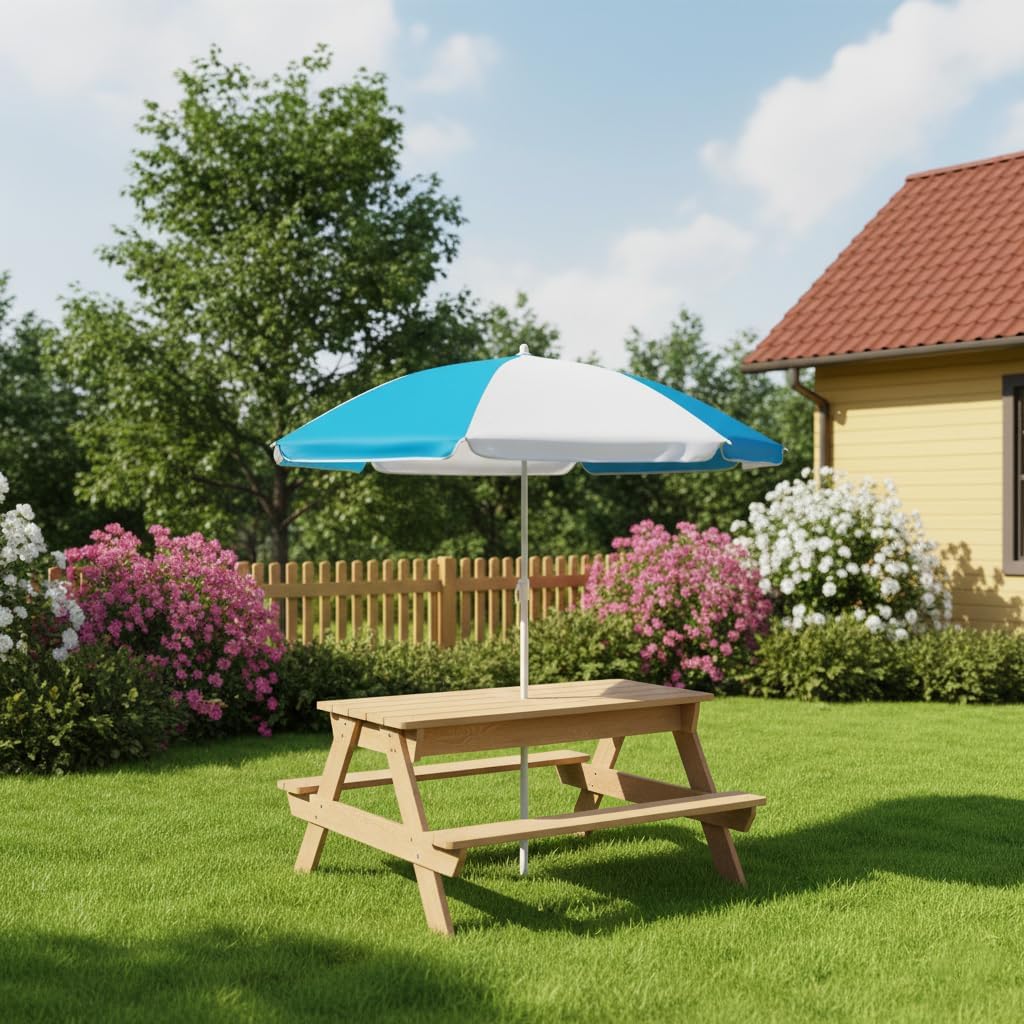3-in-1 Wooden Kids Picnic Table with Adjustable 43" Umbrella, Converts to Sand & Water Activity Table, Seats 4 Kids Age 3+, Natural Cedar