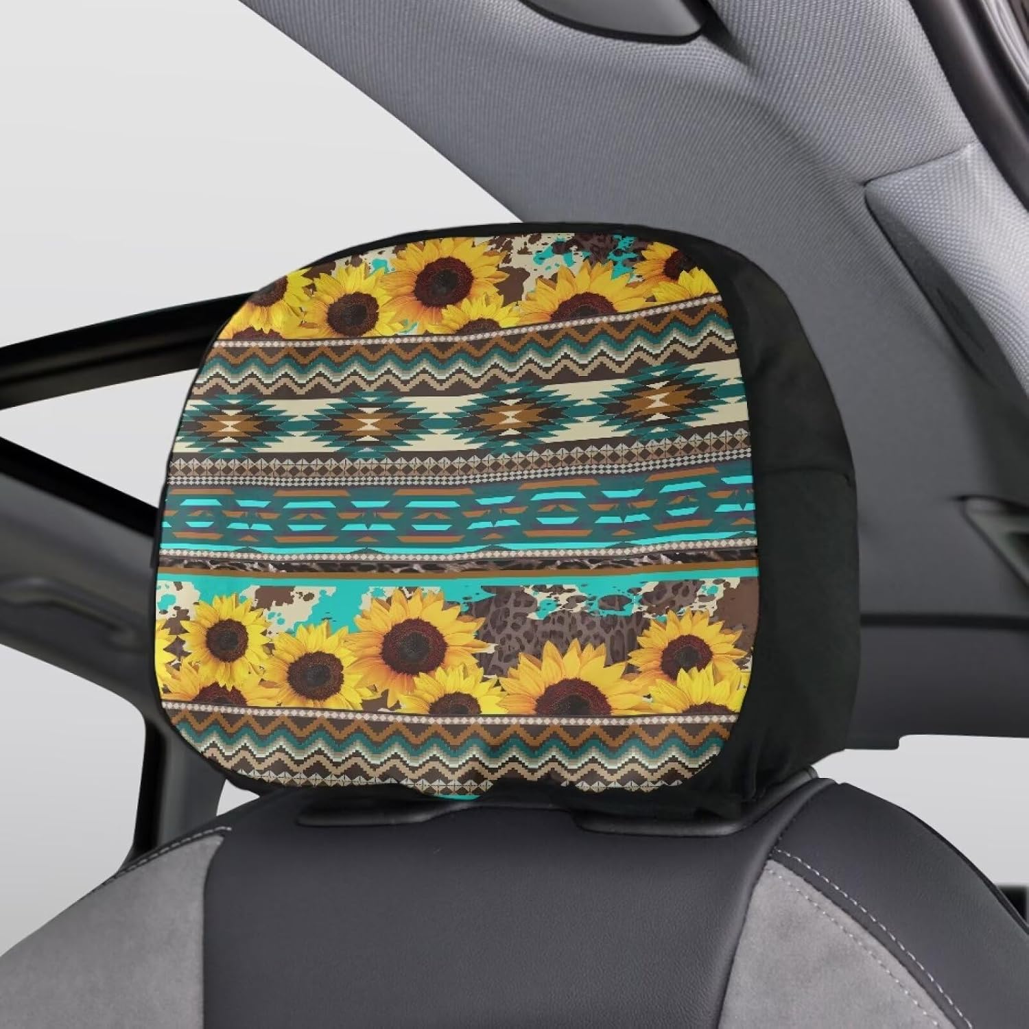 INSTANTARTS Sunflower 2-Piece Car Headrest Cover Aztec Front and Rear Seat Headrest Decorative Cover Universal Elastic Headrest Protective Cover Auto Accessories