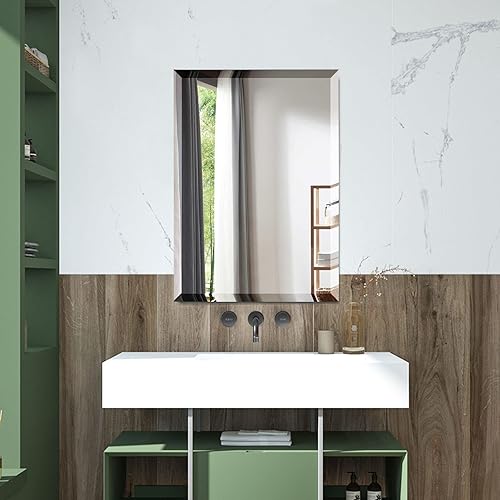 Miniatura 9 de Espejo biselado, espejo de pared de 20 x 28 pulgadas, espejo rectangular sin marco para tocador de baño con borde biselado, se cuelga horizontal o
