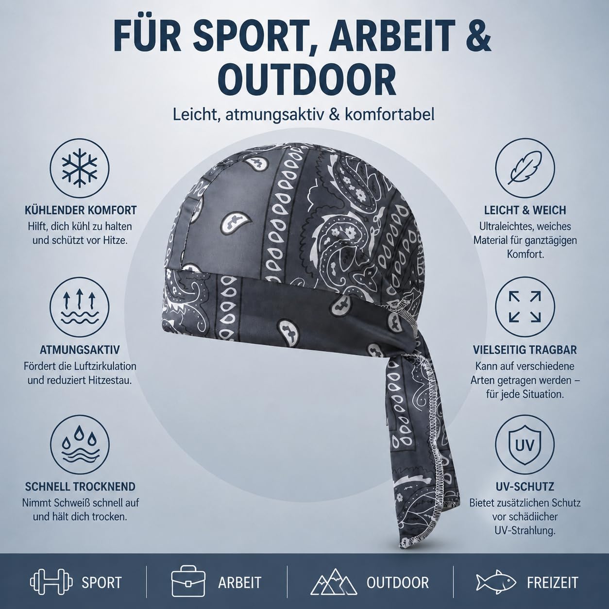 Generisch 5 Stück kühlendes Kopftuch Bandana, elastische Passform 55-60cm, schnelltrocknend und atmungsaktiv, praktisches Helm-Innenfutter, vielseitiger Kopfwickel für Sommer(