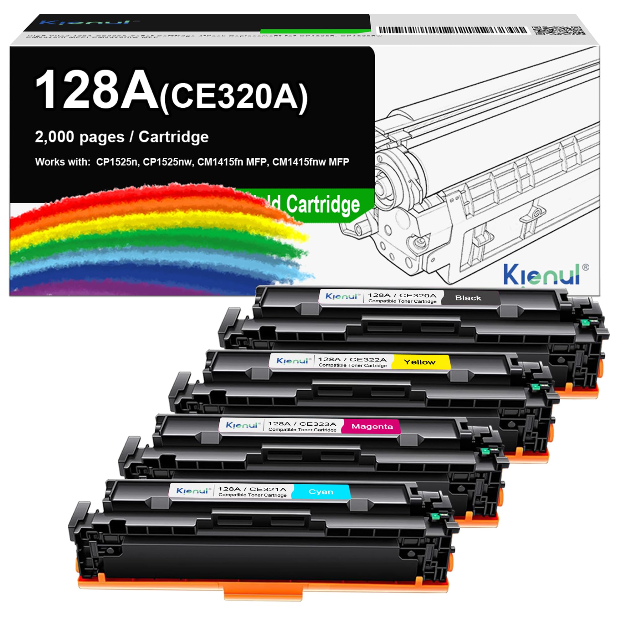 Photo 1 of 128A Toner Cartridges Replacement for HP 128A CE320A Work with Pro CM1415fn CM1415fnw CP1525n CP1525nw Printer (4 Pack, Black, Cyan, Yellow, Magenta)