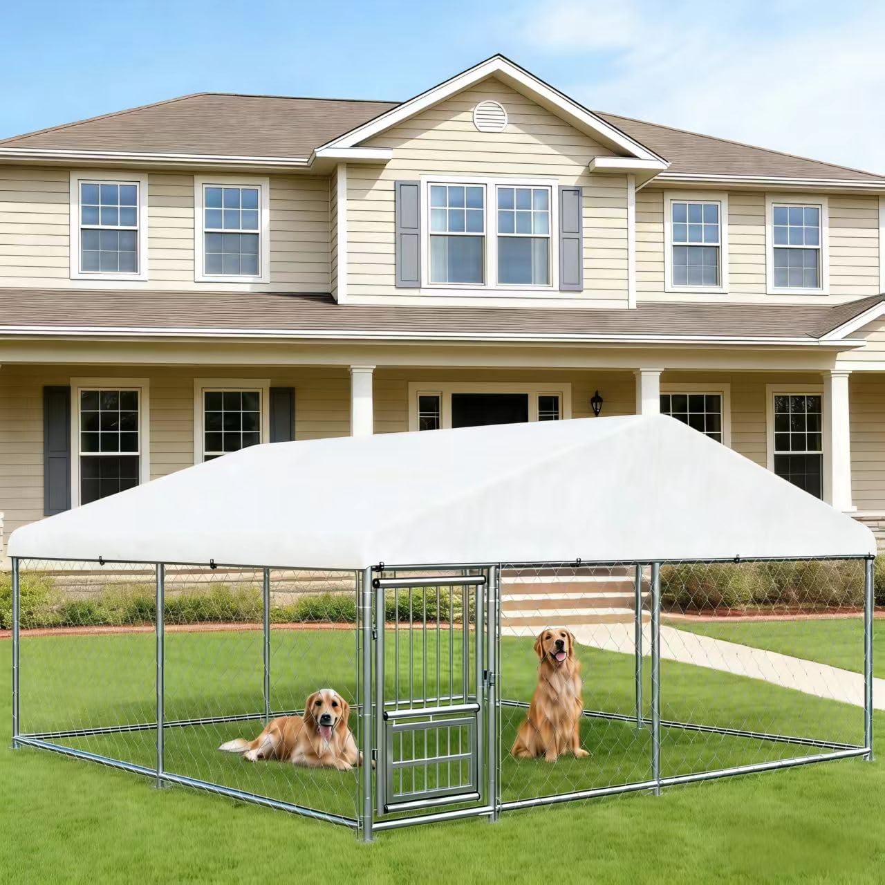 10x10x6 FT Outdoor Large Dog Kennel with Waterproof Roof, Durable Steel Fence, Secure Lock & Rotating Feeding Bowls, Large Dog Enclosure for Backyard Farm