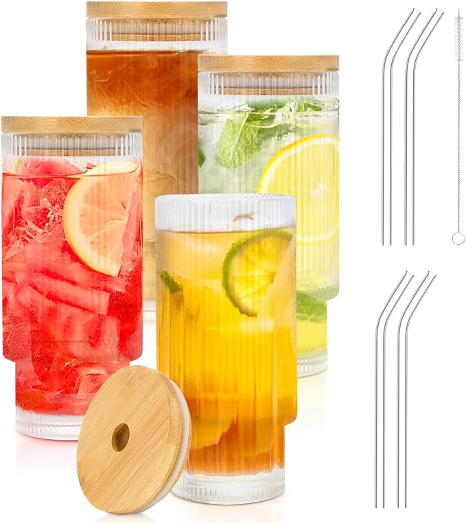 16oz Glass Cups with Glass Straws, Vintage Ribbed Glassware Glass Tumbler with Lid for Iced Coffee, Beer, Whiskey, Soda, Tea, and Water – Cute & Stylish Smoothie Cup, Set of 4
