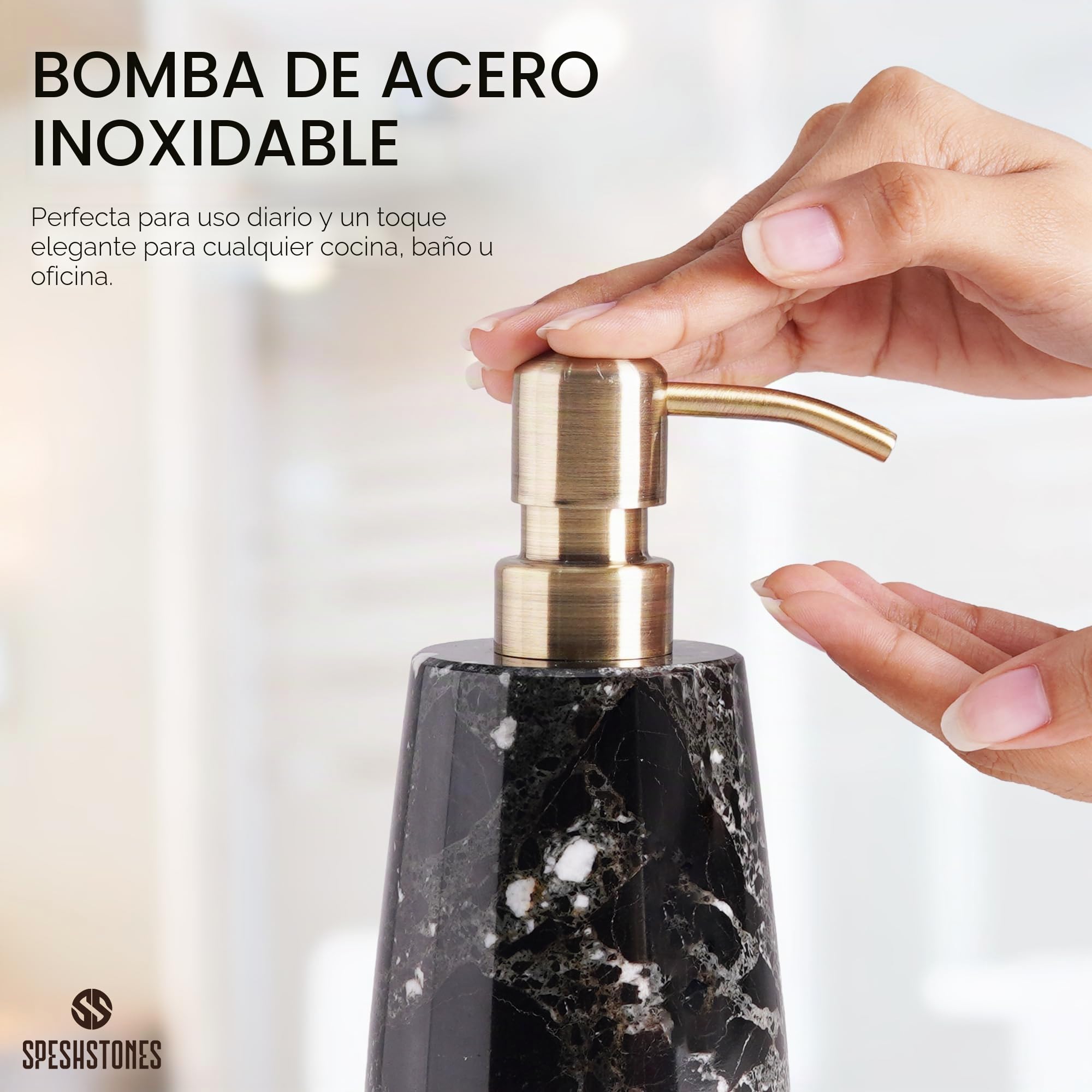 SPESHSTONES - Dispensador de jabón de mármol de 19 cm, color negro para jabón líquido de manos y vajilla para fregadero de cocina, contenedor para desinfectante, loción, champú espumoso para