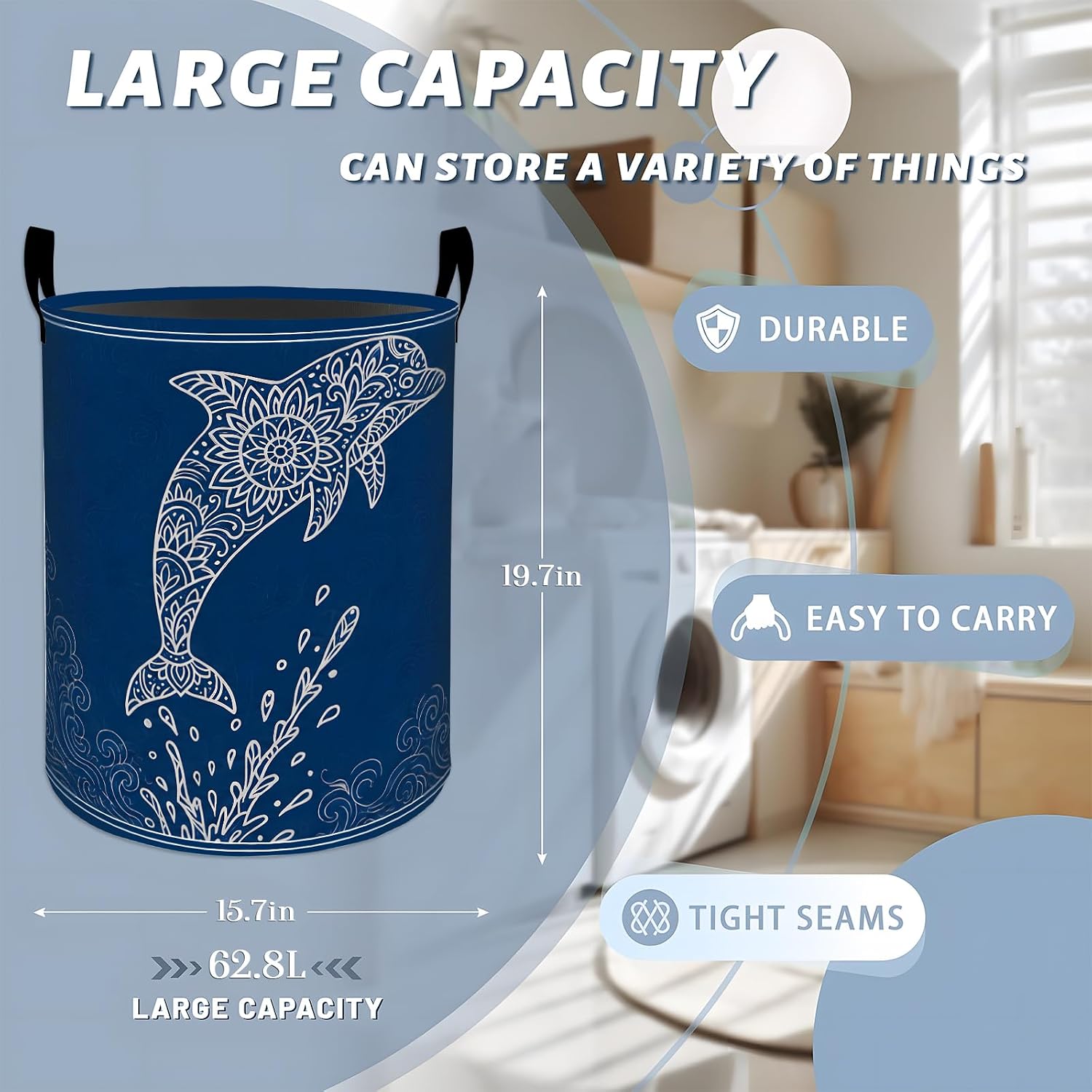 Jumping Dolphin Laundry Basket, Blue Bohemian Ocean Waves Storage Hamper, Round Collapsible Waterproof Cloth Bin, 19.7x15.7 Inch Boho Sea Clothes Organizer Gifts for Bathroom Decor image 3