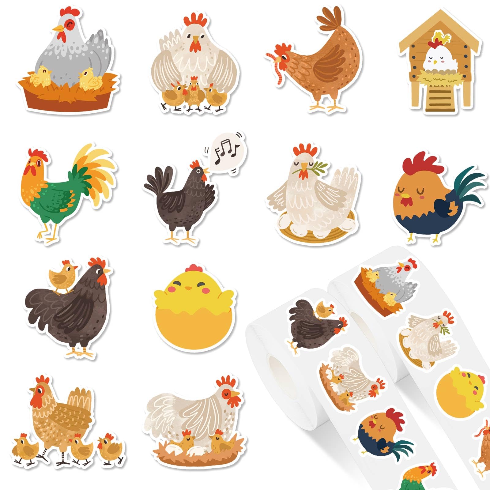 JarThenaAMCS 1000Pcs Chicken Stickers 12 Designs Cute Chicken Paper Decals Self Adhesive Sealing Labels for Envelope Scrapbook Party Supplies, 2 Rolls