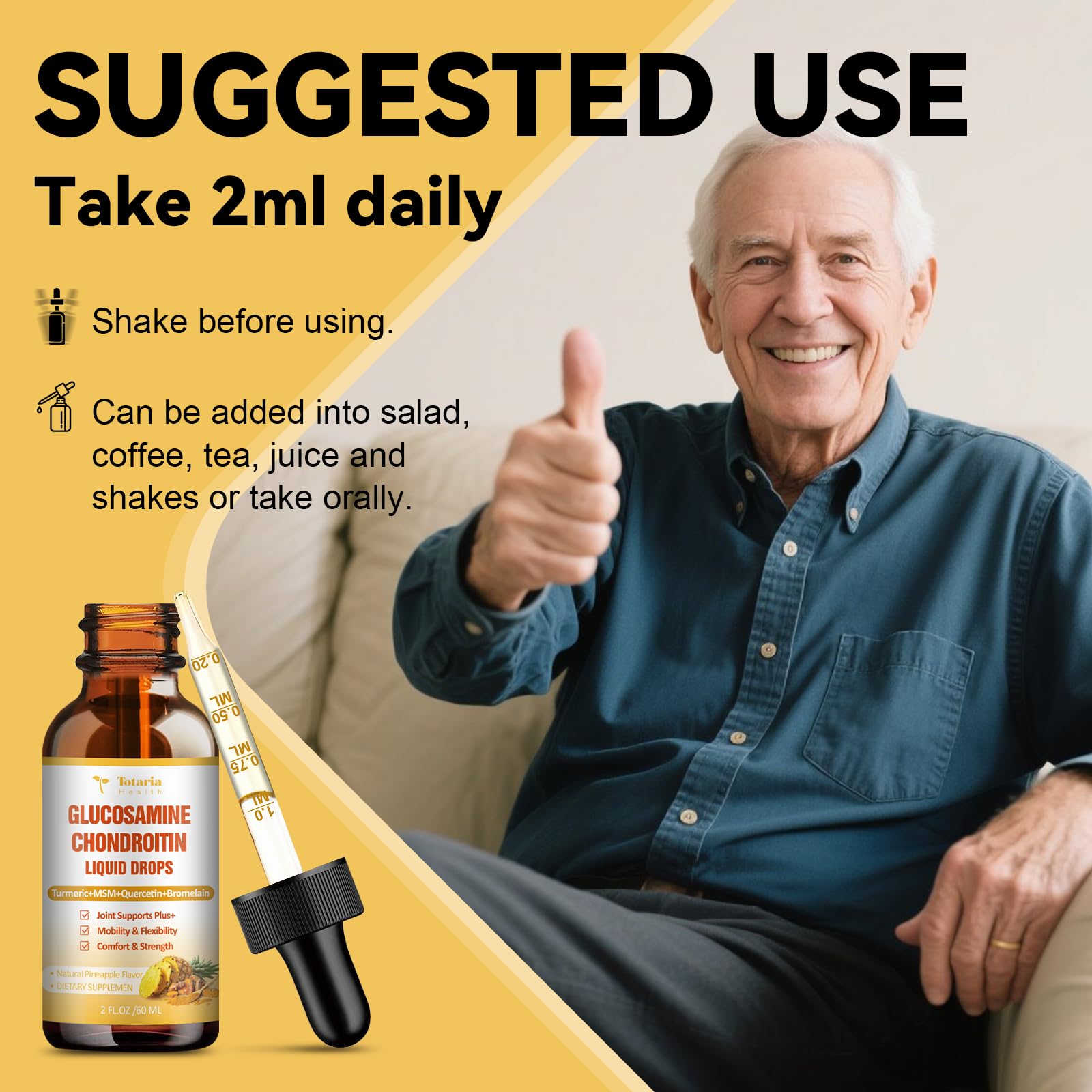 Glucosamine Chondroitin MSM Liquid Drops, Vitamin D3 - Joint Support Supplement for Mobility, Flexibility & Bones Chondroitin Sulfate Supplement Turmeric, Quercetin, Bromelain, MSM Oil 2 FL.OZ — Amazon image 6
