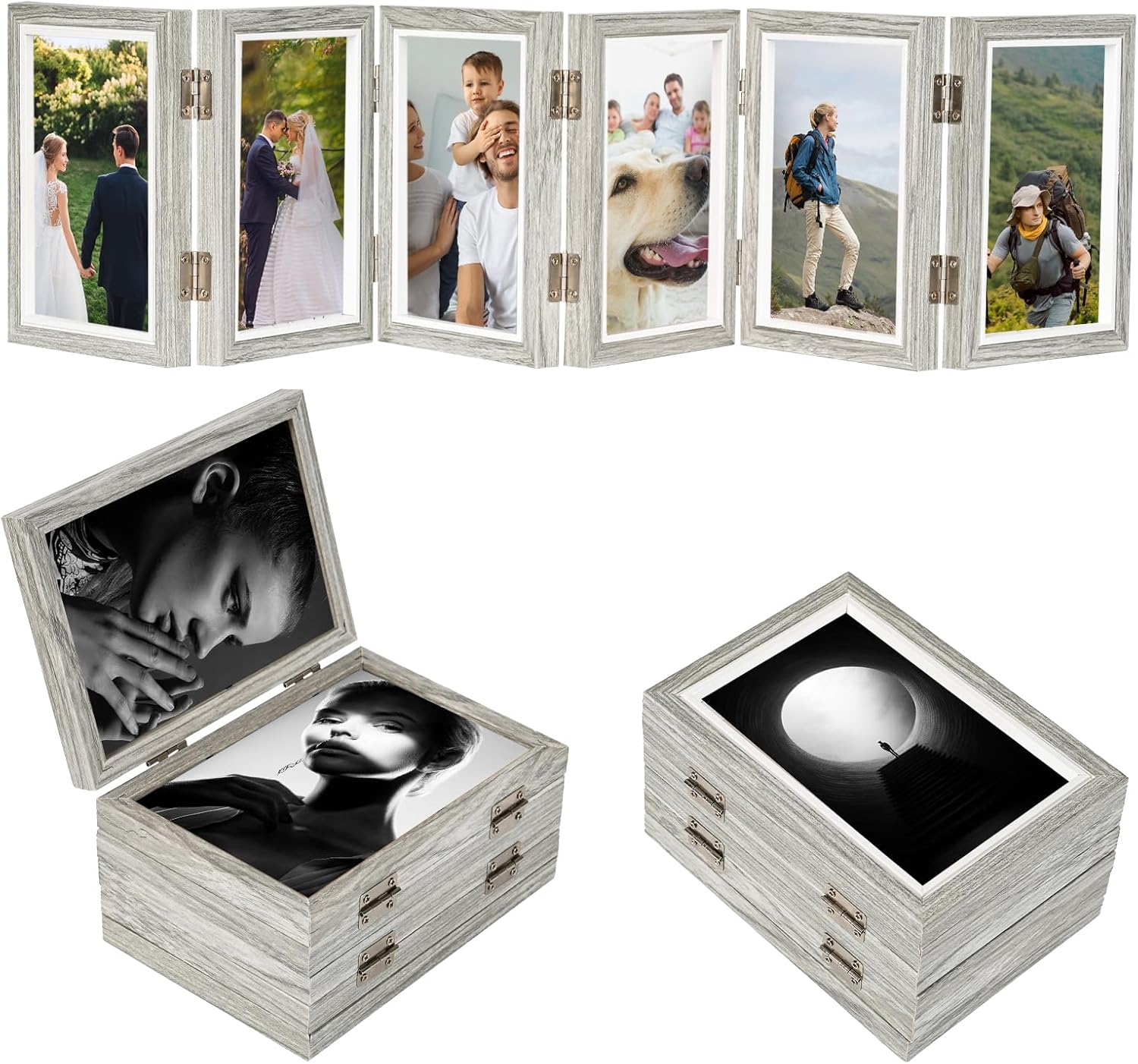 6-folding Hinged Picture Frames, 5*7 Inch High Definition Natural Wood Picture Frame, Folding Picture Frame, Rustic Desktop Acrylic Frame, Family Photo Collage for Mother's Day,Christmas, (gray blue)