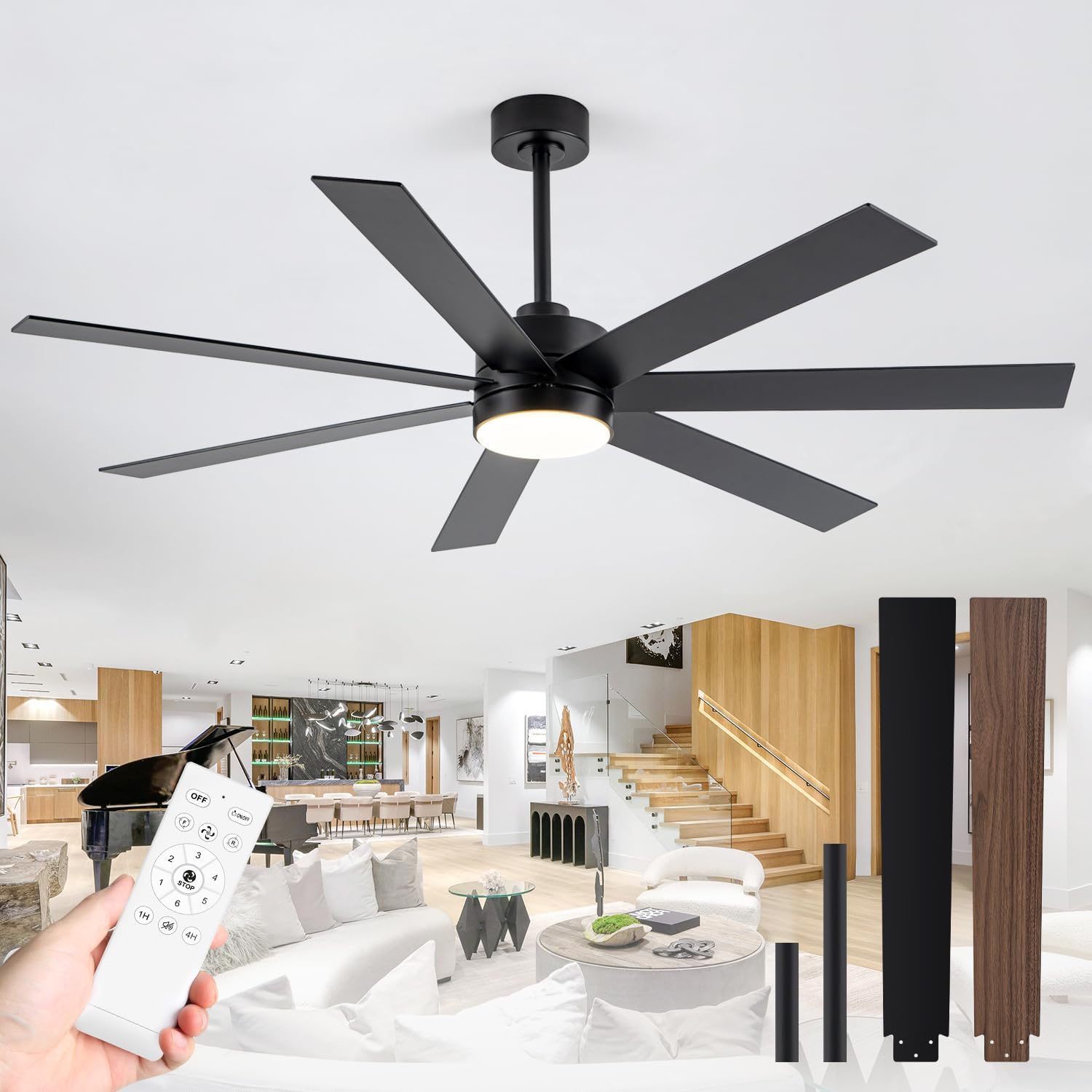 72 inch Large Ceiling Fans with Lights and Remote, 6-Speed Reversible DC Motor, 3 CCT, Dual Finish 7 Blades, Indoor/Outdoor Farmhouse Black Ceiling Fan for Kitchen Living Room Patio