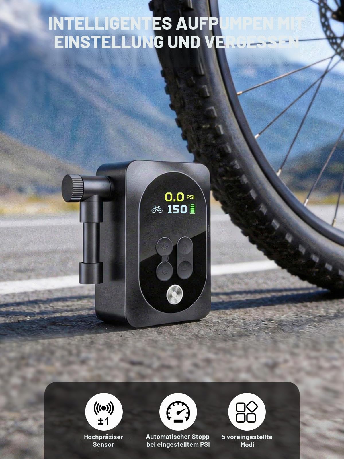 Tragbare Mini-Fahrradpumpe elektrisch: 150 PSI mit genauem Messgerät, Auto-Stop, schnelles Aufpumpen für Presta- und Schrader-Ventile, passend für Fahrräder, Motorräder, Sportbälle