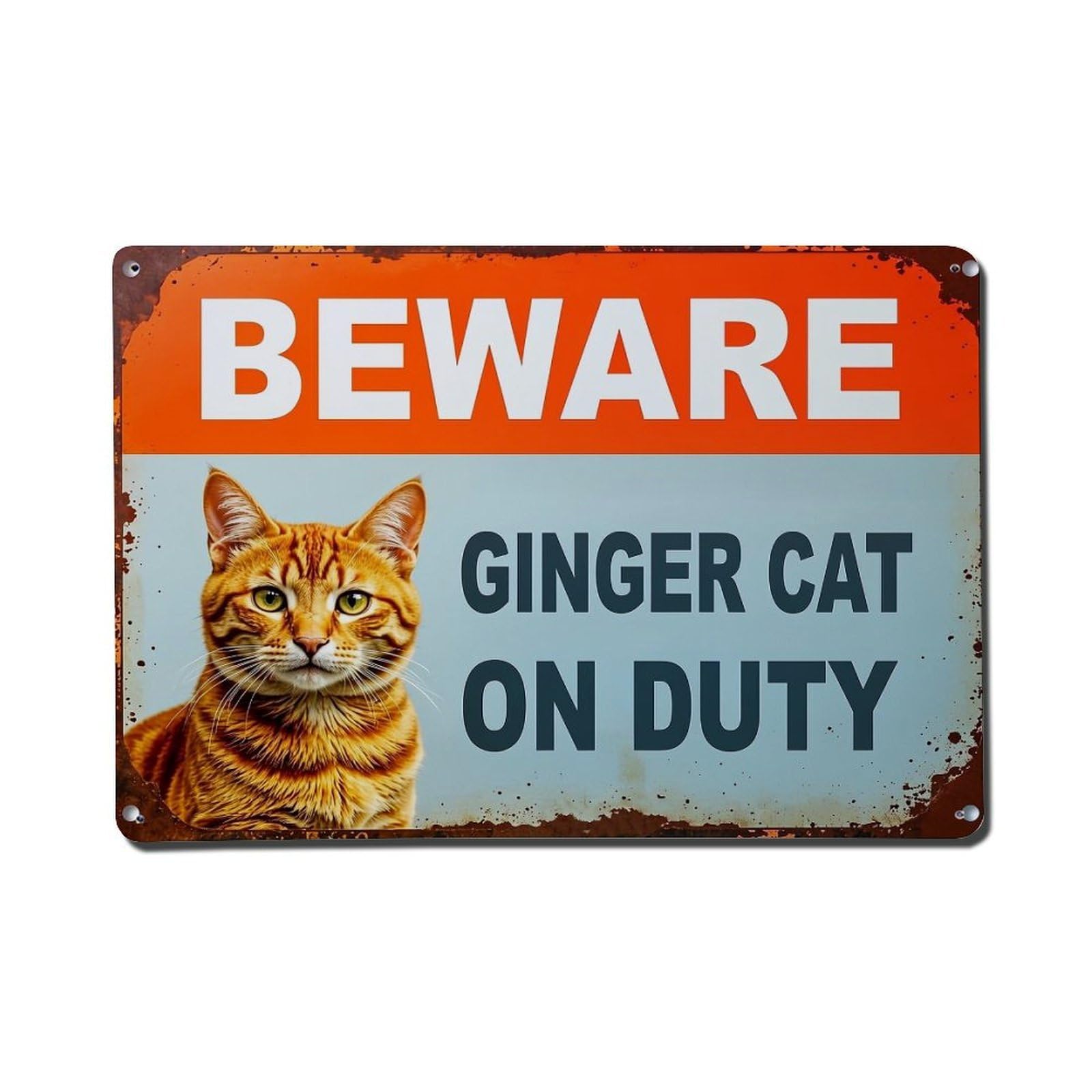 Beware Ginger Cat On Duty_2 Metal Tin Sign Plaque