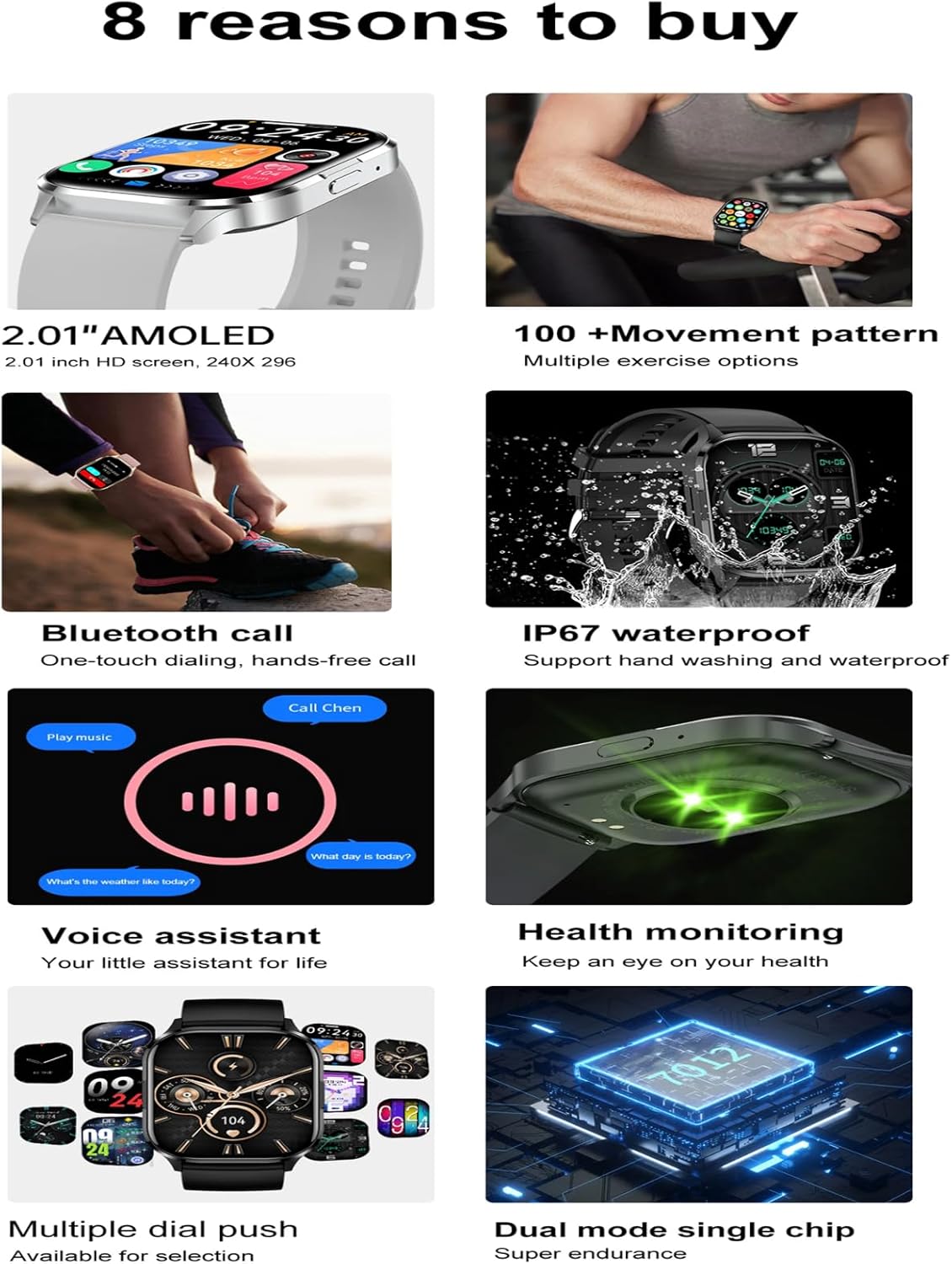 AMOLED Smart Watch for Android iOS with Fitness Tracker Sleep Monitor, 2.01'' HD AMOLED Touch Screen, Sport Modes, IP67 Waterproof, 250mAh Battery, Magnetic Charging (Gray)