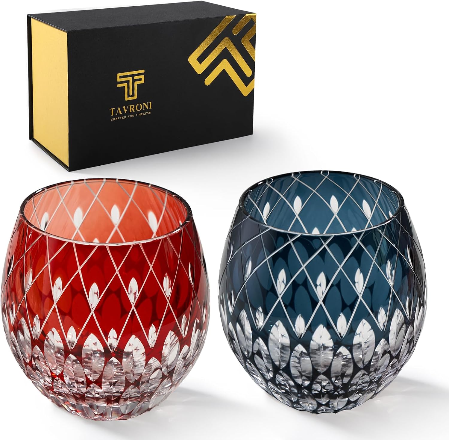 Edo Kiriko Whiskey Glasses Set of 2 – Handmade Red and Blue Crystal Glass 10 oz – Japanese Cut Lowball Glasses for Bourbon Scotch Whisky Cocktail – Couple Gift Set for Men and Women