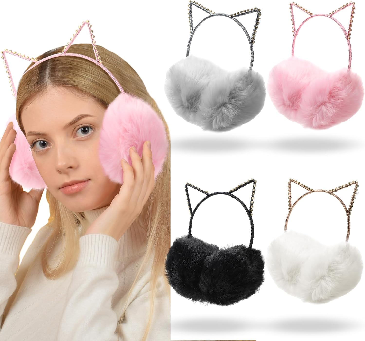 Twistover 4 Pcs Glitter Crystal Cat Ears Winter Earmuffs