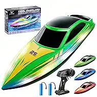 Tidjani RC Boat for Kids, Remote Control Boat with 7-Mode LED, Self-FILP, Low Battery & Out-of-Range Warning, 15 KPH RC Speed Boat for Pool & Lake & Saltwater, Summer Toys for Boys, Girls