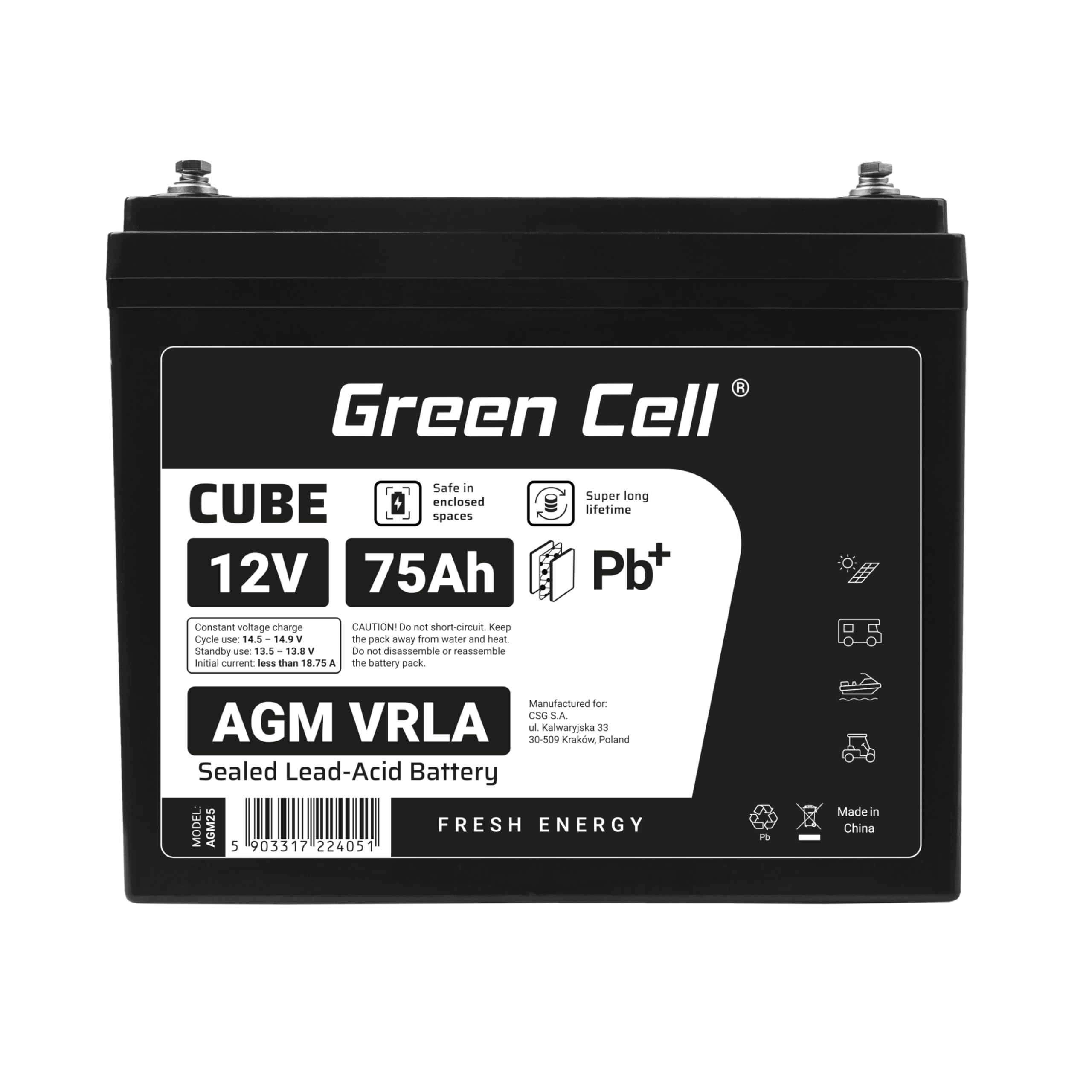 Green Cell AGM 12 V 75 Ah con batteria IP54 in tessuto non tessuto, batteria al piombo, batteria di ricambio, resistente ai cicli, non necessita di manutenzione, barca elettrica da traina (12 V 75 Ah)