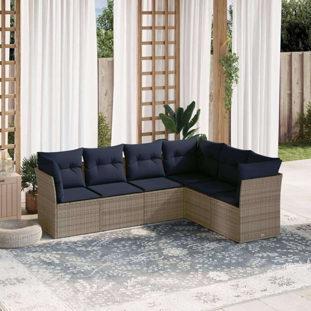 Conjunto Jardin de sofá Modular de poliratán Gris con Cojines Azul Marino para terraza y Patio, 6 Piezas con Asientos centrales y esquineros