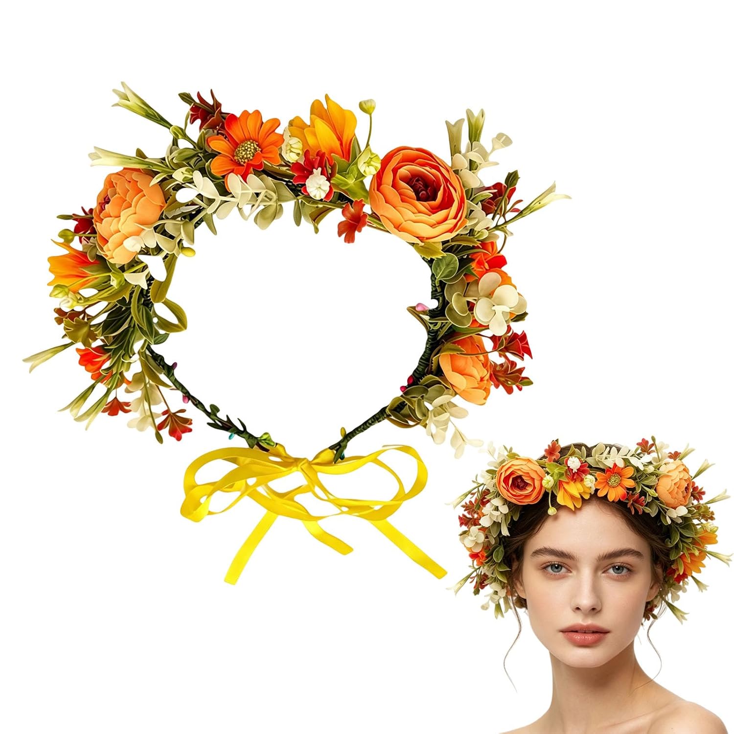 erioctry Boho Orange Floral Crown with Leaves, Wedding Festival Headband