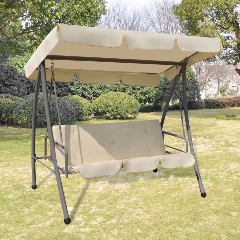 Gecheer Panchina a Dondolo da Giardino con Baldacchino,Dondolo con Baldacchino da Esterno,Dondolo 3 Posti per Esterni,Panchina Swing Altalena da Giardino,Dondolo da Esterno con Tettuccio Bianco Sabbia
