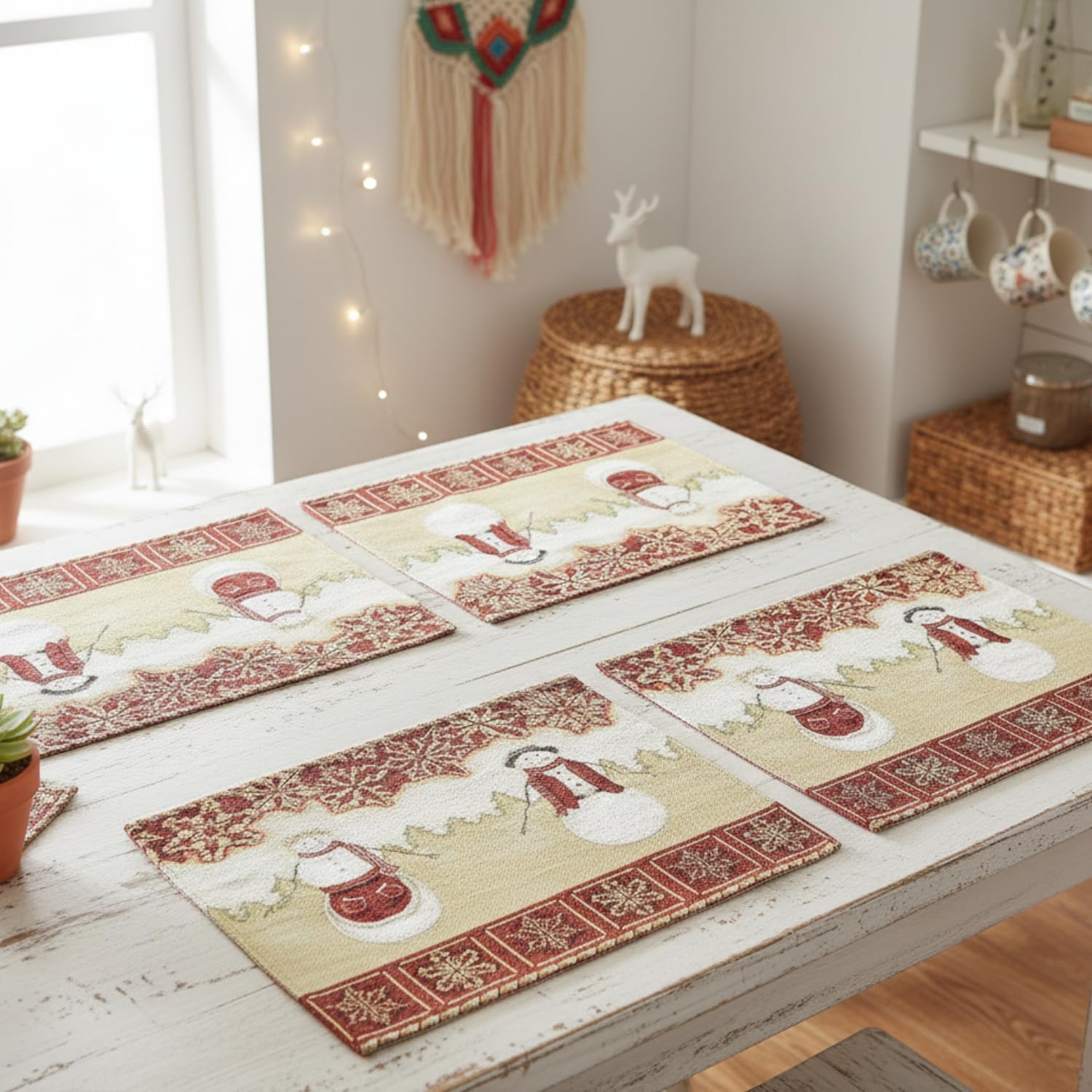 Tache Mr. and Mrs. Snowman Couple Vintage Christmas Eve Holiday Snowflakes Traditional Red Beige Decorative Woven Tapestry Placemats, 13x19”