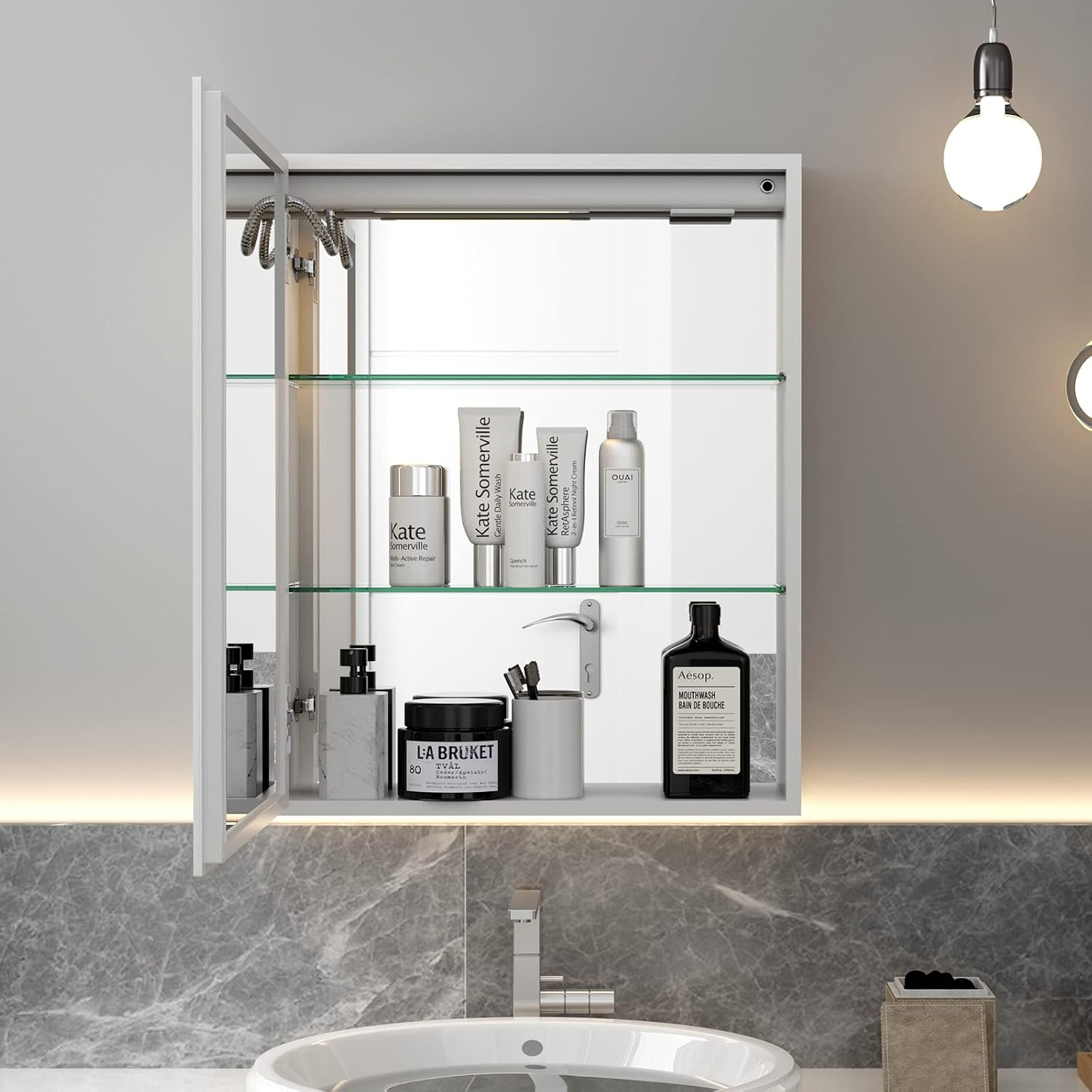 Bathroom Medicine Cabinet with Mirror, 20''X26'' LED Bathroom Cabinet Wall Mounted, Bathroom Vanity Mirror with Touch Button, Anti-Fog Touch Dimmable Lighting Mirror for Bathroom, White image 2