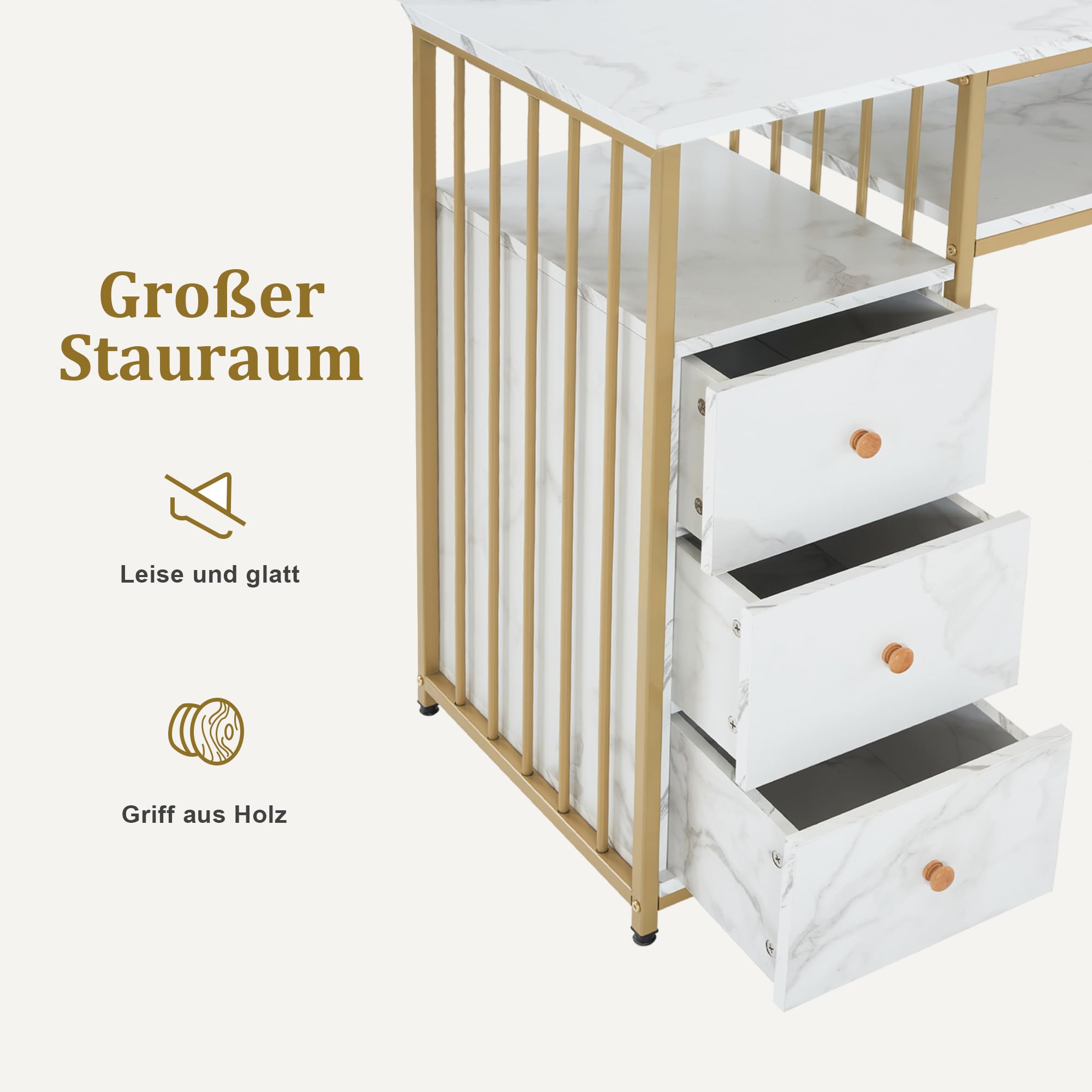 M MCombo Schreibtisch mit 6 Schubladen, Nageltisch, Manikürtisch, Schminktisch ohne Spiegel Modern, Computertisch mit Ablagen Wohnzimmer, 46x125x81cm, 2425 (Weiß-Gold)