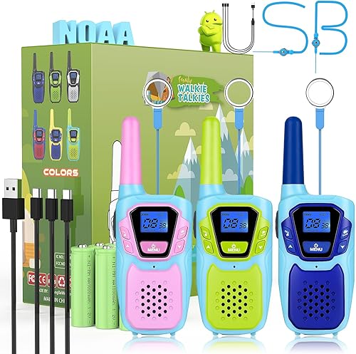 Miniatura 10 de Walkie Talkies para Niños Recargables Walkie Talkie para Adultos de Largo Alcance FRS Radio de 2 Vías Paquete de 3 con Cordón, Batería NOAA USB,