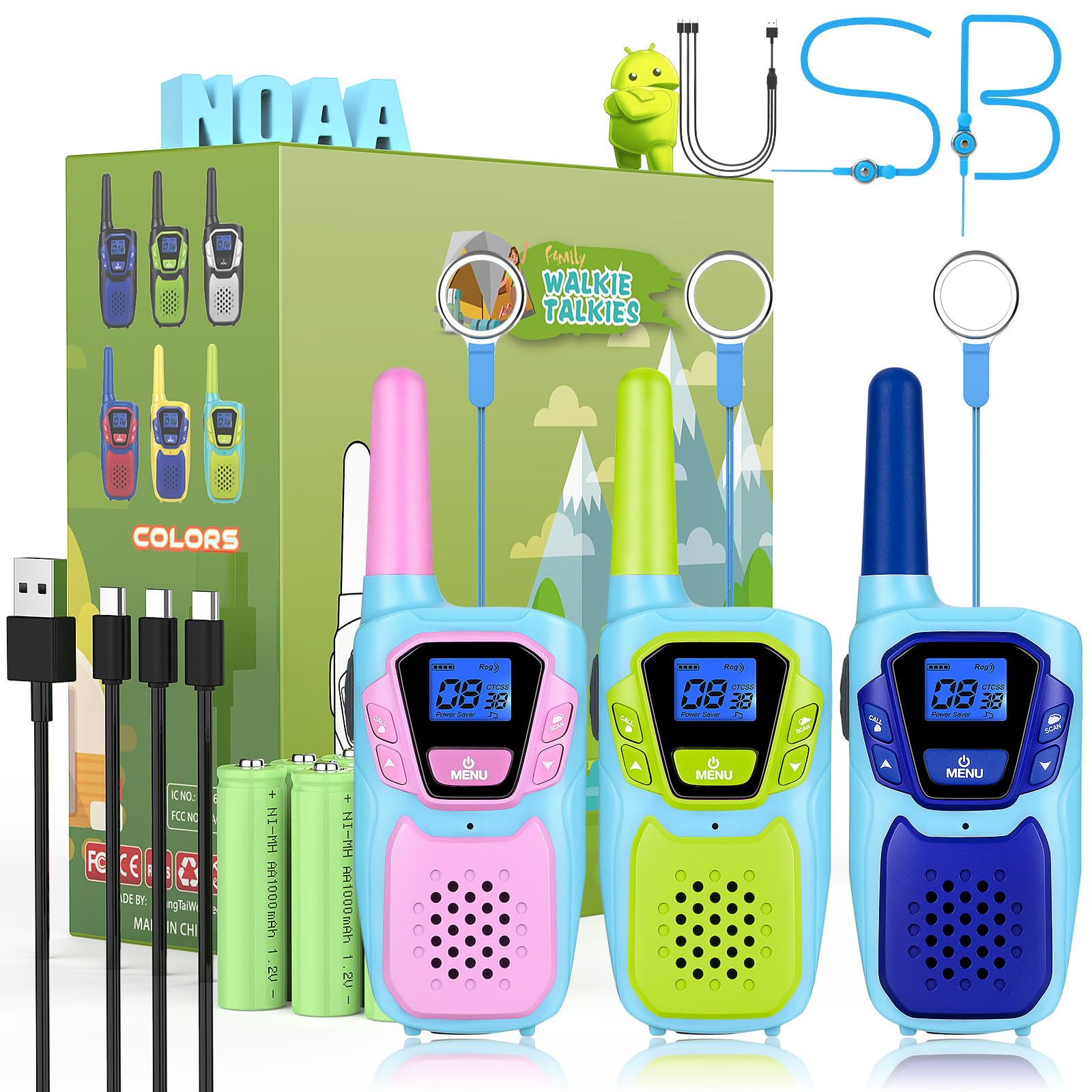 Topsung Walkie Talkies for Kids Long Range Rechargeable NOAA Walkie-Talkies for Adults Seniors Toddlers Boys Girls Teens 3 Pack, Family Pink 2 Way