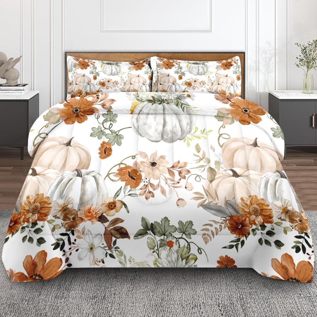 Fall Comforter Set, 3 Pcs, Queen, Bedroom Decoration Floral | Pumpkin Botanical Thanksgiving Soft Bedding Set for Toddlers Children Adults Bed with 2 Pillow Shams Bed Decor