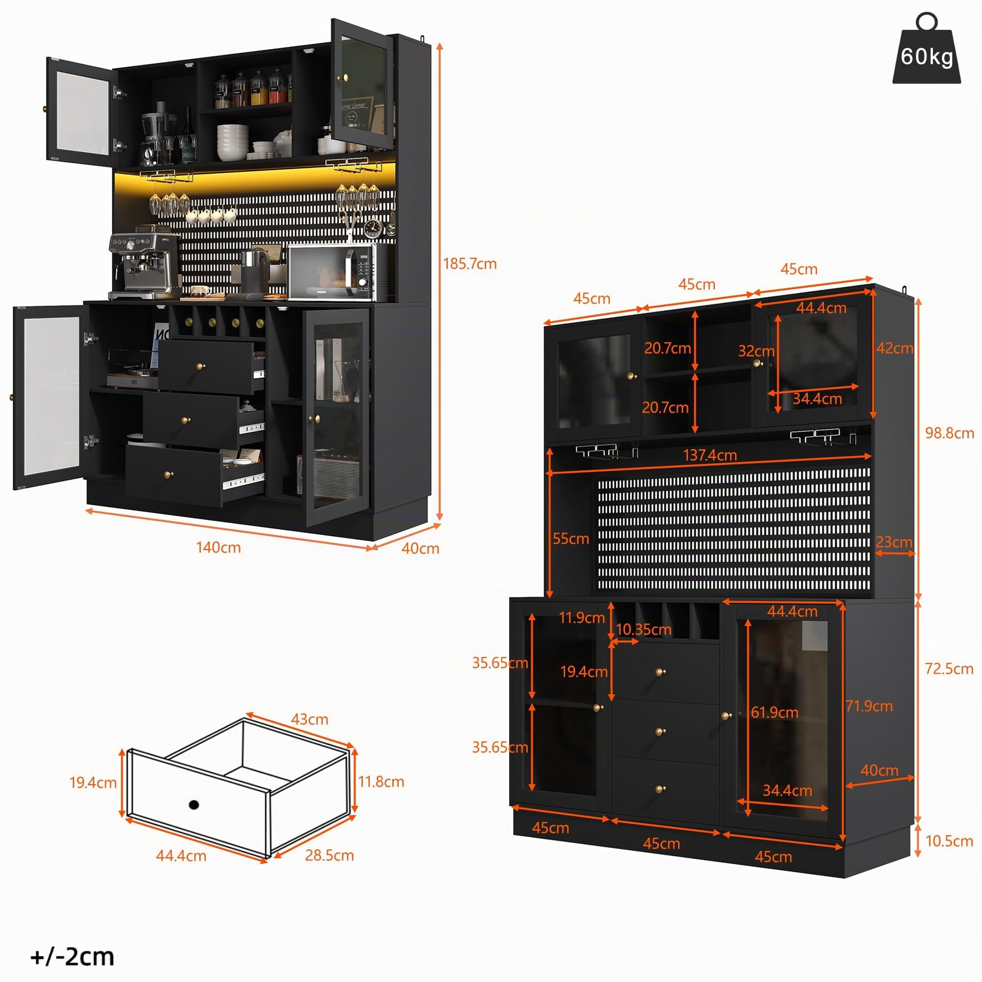 DRIXNO Hochschrank, Küchenschrank mit LED Beleuchtung, Buffetschrank mit Schubladen, Verstellbaren Ablagen, Esszimmerschrank, Seitenschrank mit Weinregal und Kippsicherung, 140x40x185.7 cm, Schwarz