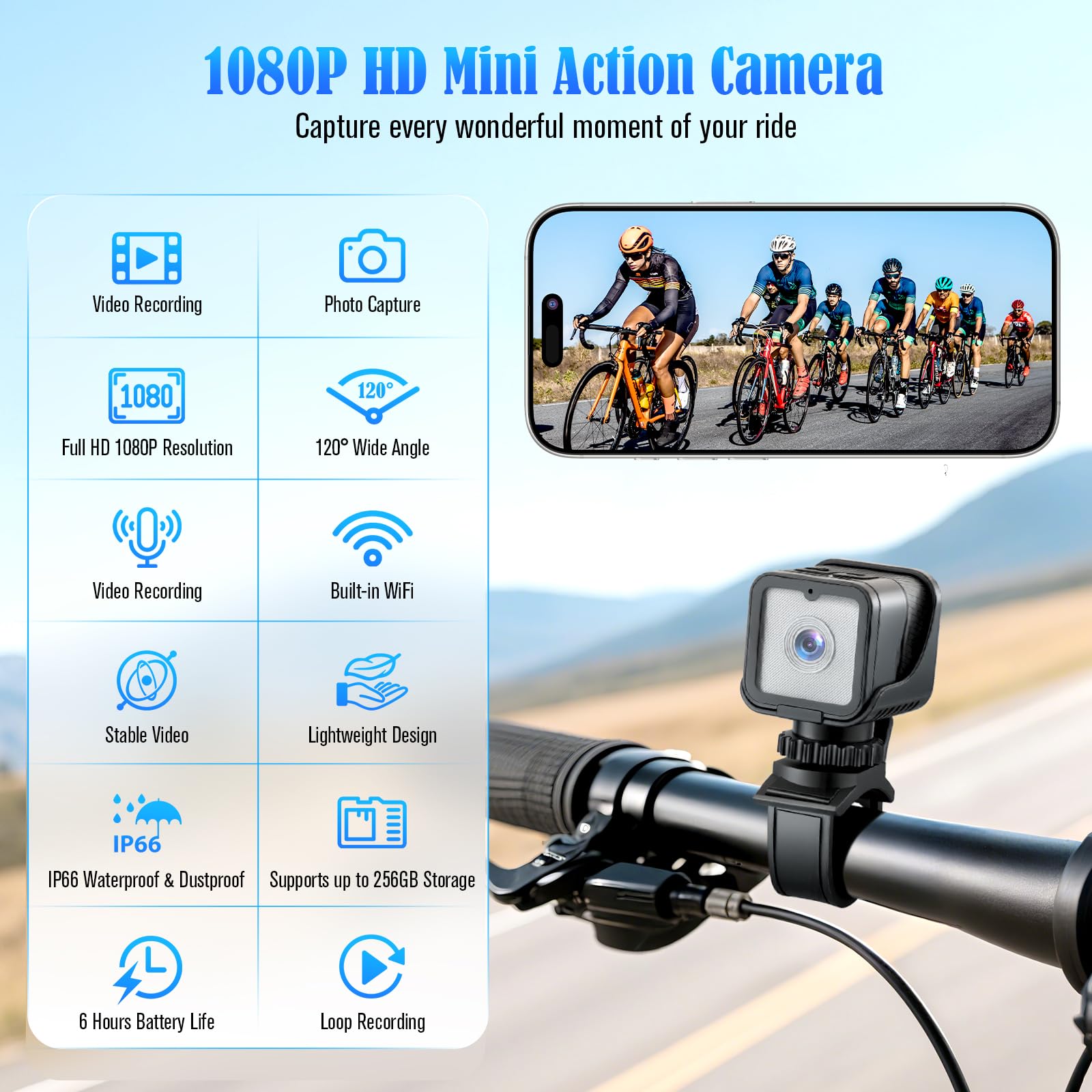 Mini Action Cam,WiFi 1080P HD & 120° Wide Angle Helmet Camera, versione migliorata Dashcam bicicletta con scheda di memoria da 64 GB