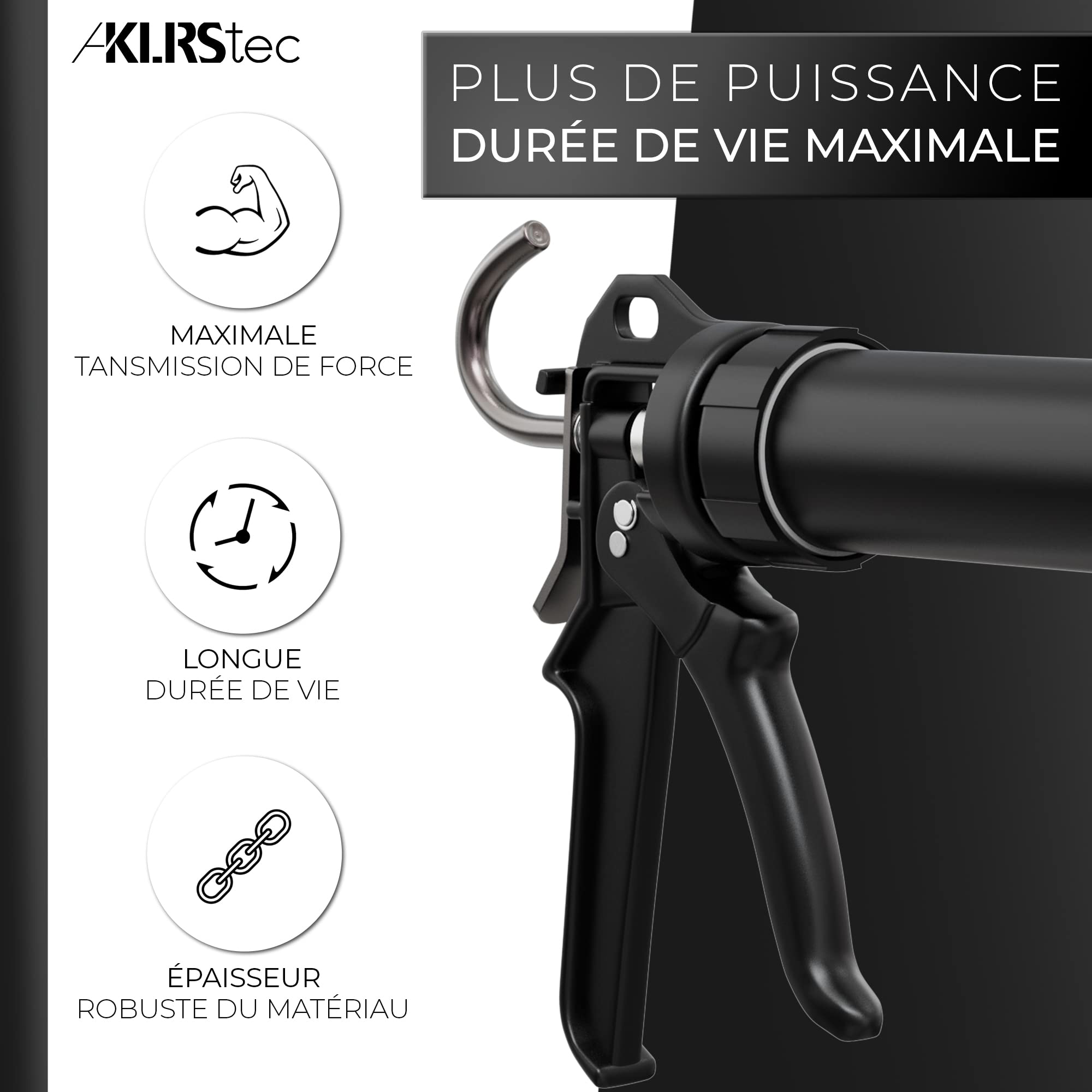 KLRStec PRO XL Presse-cartouche métallique 600ml - Pistolet à cartouche fermé professionnel 4K pour toutes les cartouches de mastic et de colle courantes de 310-600ml