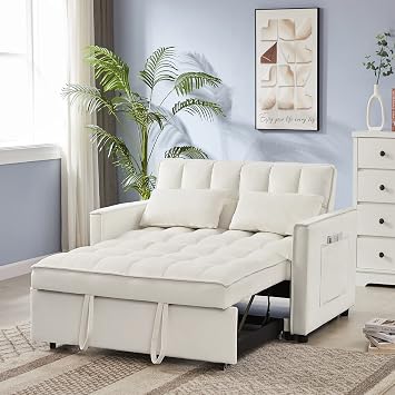 Velvet Pull Out Sleeper Sofa Bed, Convertible Futon Couch Bed with Adjustable Backrests, 3 in 1 Modern Loveseat with 2 Pockets and Pillows, Small Love Seat for Living Room, Guest Room, Off White